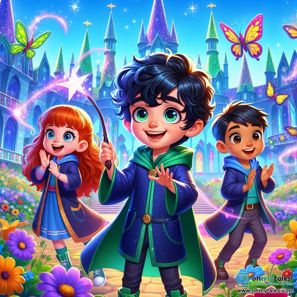 A young wizard apprentice named Milo, a six-year-old boy with curly black hair and sparkling eyes, stands at the center of the image, holding his magic wand with a big amazed smile. He wears a shiny blue cape and green boots, and his face expresses radiant joy. Beside him, Lila, a six-year-old girl with red hair and freckles, claps enthusiastically, her eyes shining with curiosity. A bit further back, Finn, a six-year-old boy with dark hair and a determined look, watches with a mix of admiration and excitement, ready to learn. The setting is a magical garden filled with colorful flowers dancing in a gentle breeze, with multicolored butterflies fluttering around. In the background, the majestic Willowbrook School of Magic stands with its sparkling towers and bright windows. The scene captures the moment when Milo and his friends use their magic to make plants bloom, filling the garden with vibrant colors, while a soft golden light from the setting sun envelops everything, creating a warm and enchanted atmosphere.