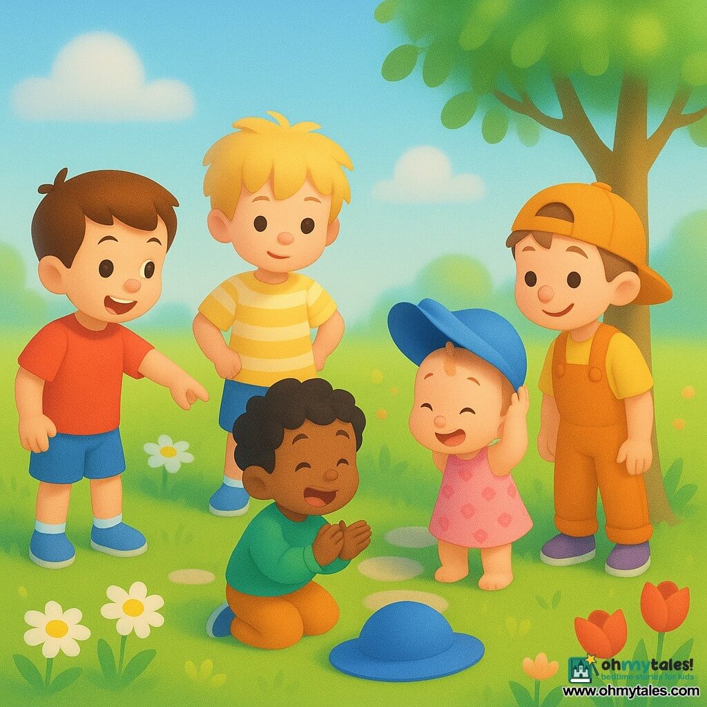 Five children: four boys—Max (≈6, short brown hair, red shirt, blue shorts, left, pointing at a blue hat on the grass), Leo (≈6, blond messy hair, yellow-and-white striped shirt, center-left, hands on hips, curious), Sam (≈6, curly black hair, green sweatshirt, crouched, clapping), Ben (≈6, light brown hair, backward cap, orange overalls, right, smiling at Baby Ella)—and Baby Ella (≈1, pink floral dress, very short hair with a small bow, partially hidden behind a light-barked tree in the background, laughing and holding the blue hat half on her head); sunny garden with bright green grass, colorful flowers, a small light-barked tree, a round-stone path and pastel blue sky with fluffy clouds; children investigating a blue hat with a joyful, curious atmosphere, expressive gestures, wide smiles, well-spaced composition, vivid contrasting colors, soft shadows, simple clean style for toddlers.
