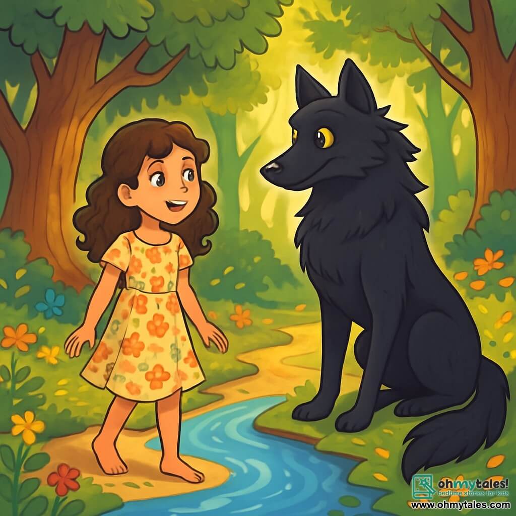 A 12-year-old girl, Elara, stands by a sparkling stream, her eyes shining with curiosity and excitement. She has curly brown hair cascading over her shoulders and wears a light floral dress, her bare feet brushing against the cool water. A few steps away, the Big Bad Wolf, with sleek black fur, watches with an intriguing yet gentle expression, his yellow eyes sparkling with wisdom. The wolf is large and majestic, standing on his hind legs, slightly leaning towards Elara as if listening intently. The scene takes place in the enchanted forest of the Whispering Woods, where gigantic trees with gnarled trunks reach towards the sky, their leaves forming a canopy of greenery. Sun rays pierce through the branches, illuminating the ground scattered with colorful flowers and golden leaves. Elara and the wolf meet by the stream, exchanging glances full of curiosity and understanding, symbolizing the beginning of an unexpected friendship.