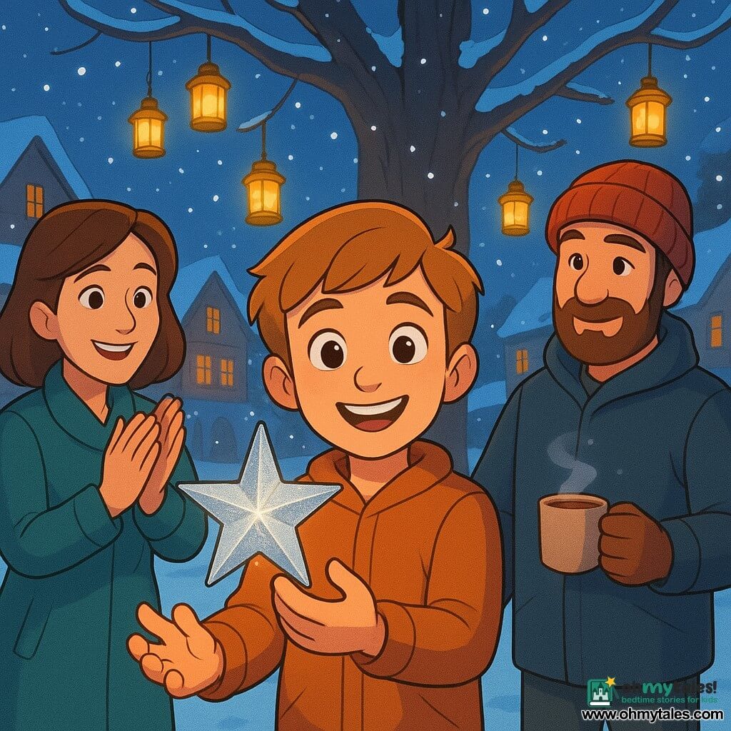 A 10-year-old boy with bright eyes and light brown hair stands in the center of a snowy village. He holds a silver star that sparkles in his hand, his face beaming with joy. Next to him, a woman around 40, with brown hair and a warm smile, gently applauds. A man about 45, wearing a red woolen hat, stands a few steps away, smiling and holding a steaming cup of hot chocolate. The village is decorated with golden lanterns hanging from the branches of a large oak tree, and snowflakes gently fall, illuminating the scene with a soft, magical light. The main situation shows the boy sharing his poem of peace with the villagers, surrounded by an atmosphere of festivity and winter magic.