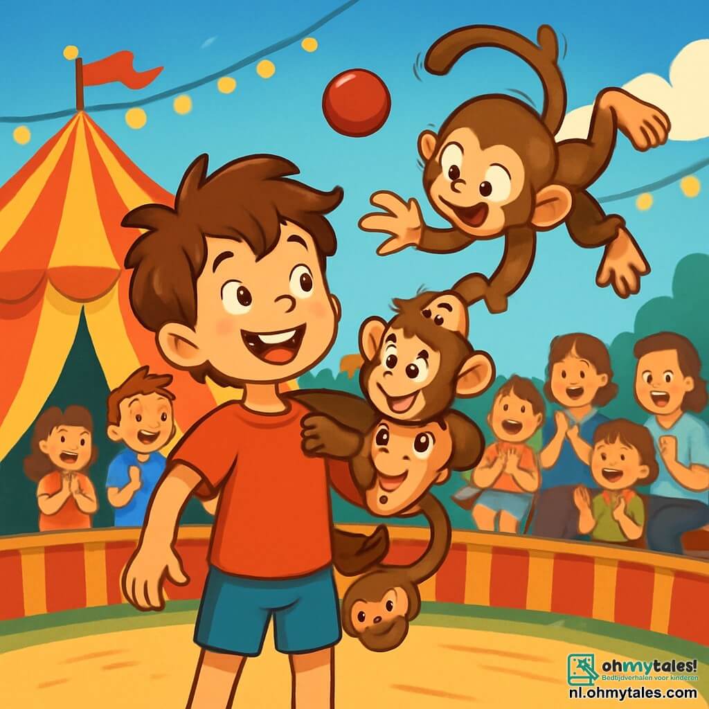 Een 6-jarig jongetje genaamd Tim, met rommelig bruin haar en een stralende glimlach, staat in het midden van het circus. Hij draagt een felrode t-shirt en een blauwe short, zijn ogen stralen van opwinding. Naast hem zit een ondeugend aapje genaamd Charlie, met bruin vacht en ondeugende ogen, op zijn schouder, klaar om te springen. Op de achtergrond staat een groot, kleurrijk tent met rode en witte strepen onder een azuurblauwe lucht, terwijl fonkelende lichten het podium verlichten. Blije toeschouwers, kinderen en volwassenen, zitten op houten banken en applaudisseren enthousiast. De scène toont Tim die een kleine rode bal in de lucht gooit, terwijl Charlie een spectaculaire acrobatiek uitvoert met een salto. De sfeer is vol vreugde en magie, die de geest van het circus vangt.