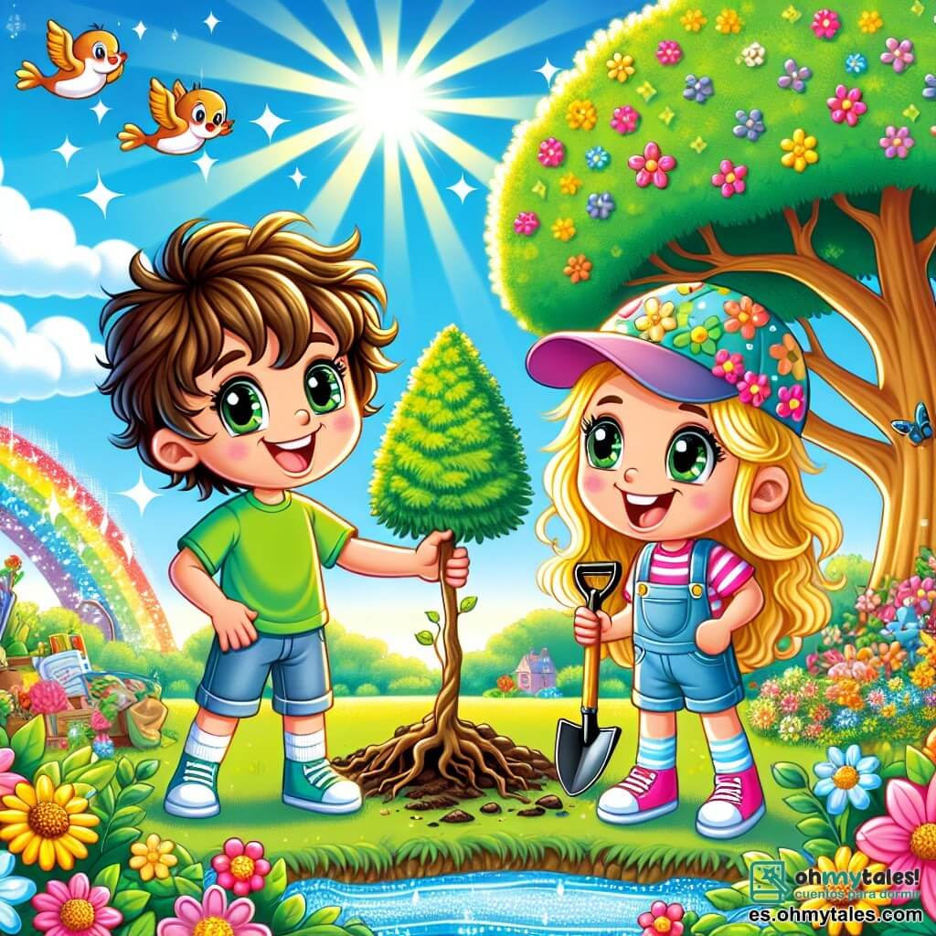 Un niño de 8 años, llamado Pablo, con cabello castaño desordenado y ojos llenos de curiosidad, está plantando un joven árbol en un parque soleado. Lleva una camiseta verde brillante y un short de mezclilla, mostrando una gran sonrisa, lleno de orgullo y emoción. A su lado, su mejor amiga Sofía, una niña de 8 años con cabello largo y rubio, lleva una gorra colorida y una camiseta a rayas. Ella sostiene una pequeña pala y lo anima con entusiasmo, con los ojos brillando de admiración. El lugar es un parque verde, lleno de flores coloridas, grandes árboles majestuosos y un cielo azul brillante. Al fondo, se puede ver un pequeño arroyo reluciente y pájaros cantando en las ramas. La situación principal muestra a Pablo y Sofía plantando un árbol, simbolizando su compromiso de proteger la naturaleza y embellecer su entorno. Están rodeados de basura que han recogido, ilustrando su determinación de cuidar el planeta.