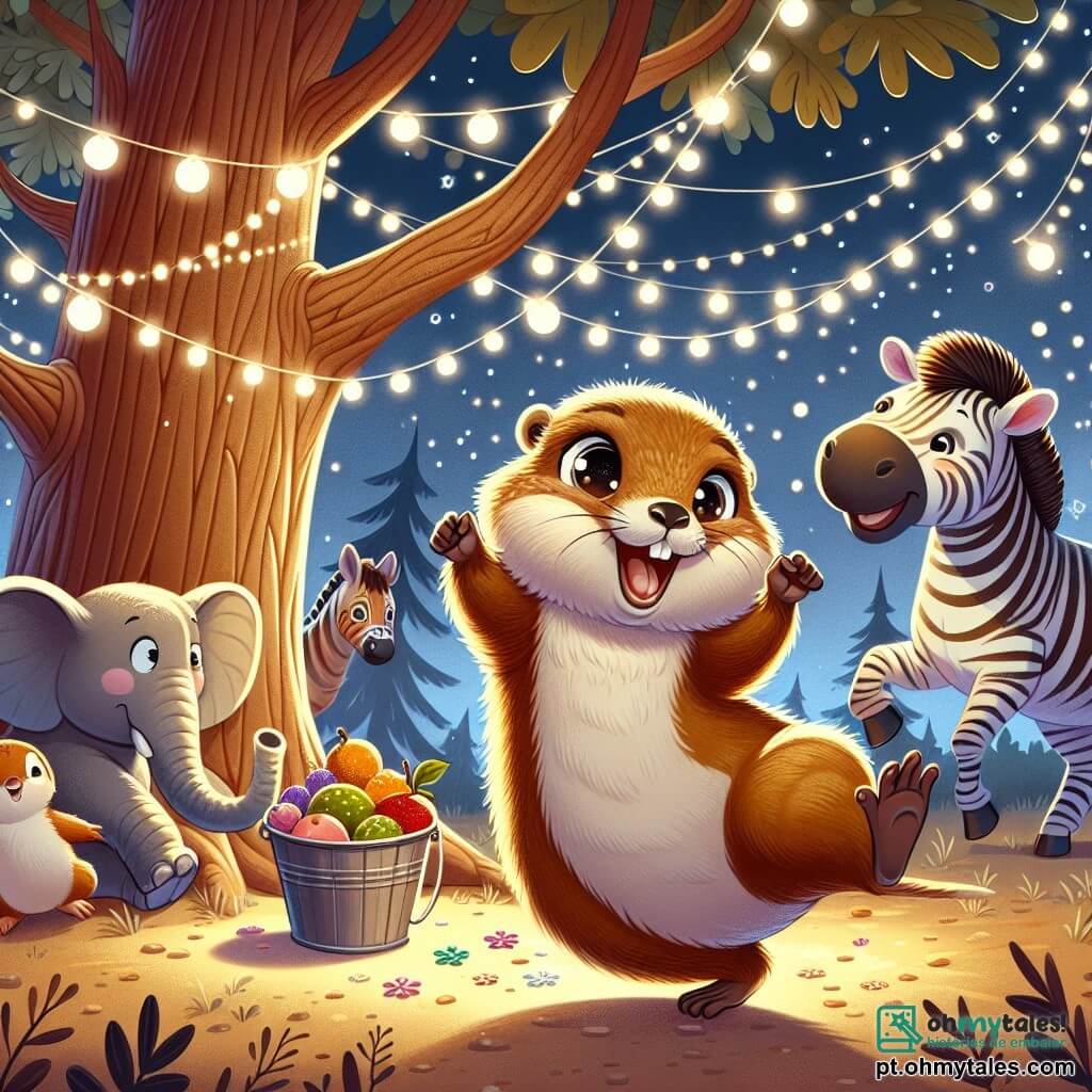 Uma marmota alegre, com pelagem marrom suave e olhos brilhantes de travessura, dança aos pés de um grande carvalho, cercada por luzes cintilantes. Ela tem um grande sorriso no rosto, com as patinhas levantadas no ar, cheia de energia e entusiasmo. Ao seu lado, um elefante amigável, com grandes orelhas e uma tromba curiosa, segura um balde de frutas coloridas, pronto para compartilhar com os outros animais. Um pouco mais adiante, uma zebra com listras pretas e brancas, com uma expressão divertida, se prepara para mostrar suas melhores danças. O cenário é uma clareira mágica sob um céu estrelado, com guirlandas luminosas penduradas nos galhos da árvore, criando uma atmosfera festiva e acolhedora. A cena principal mostra a marmota e seus amigos em plena festa, dançando e rindo juntos, cercados de frutas, luzes e alegria.
