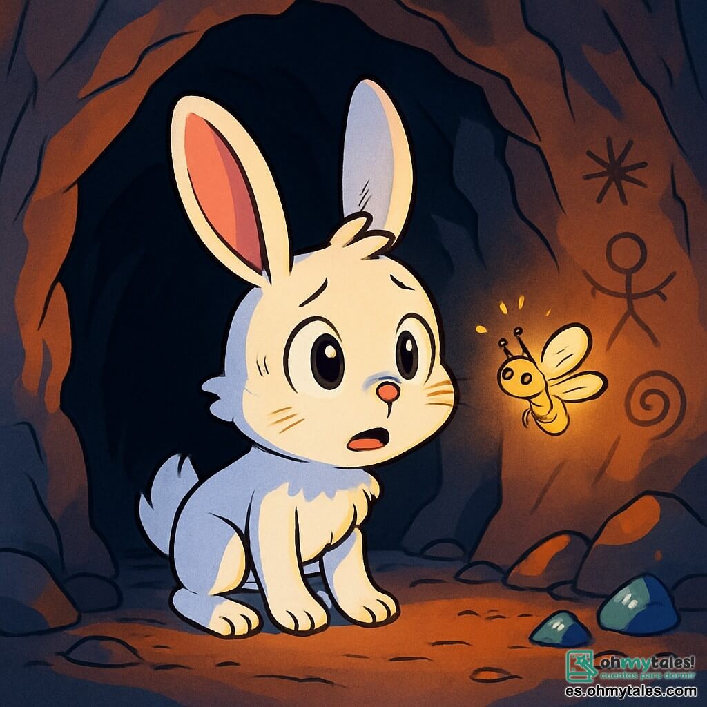 Un joven conejo blanco llamado Bruno, con grandes orejas erguidas y ojos brillantes de asombro, se encuentra al borde de una cueva oscura, su pelaje brillante contrasta con la oscuridad circundante. Muestra una expresión de curiosidad y aprensión, con sus pequeñas patas temblando ligeramente en el suelo. A su lado, una luciérnaga luminosa flota en el aire, iluminando su rostro con un resplandor suave y cálido, como si lo animara a avanzar. Al fondo, la cueva está adornada con paredes rugosas, cubiertas de dibujos misteriosos y piedras brillantes, creando una atmósfera mágica e intrigante. La escena está bañada en una luz tenue, con sombras danzantes que añaden un toque de misterio, mientras el joven conejo duda en entrar en este mundo desconocido, listo para descubrir los secretos ocultos de la noche.