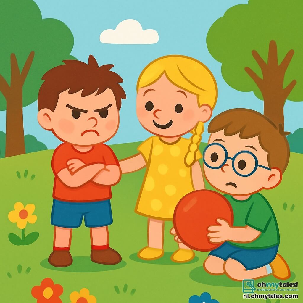 Er zijn 3 personages: - Tom: een 5-jarig jongetje met rommelig bruin haar, gekleed in een rode t-shirt en een blauwe short. Hij staat met zijn armen gekruist, met een boos gezicht, kijkend naar de bal. - Sam: een 5-jarig meisje met gevlochten blond haar, gekleed in een gele jurk met stippen. Ze staat naast Tom met een vriendelijke glimlach, probeert hem te troosten. - Joep: een 5-jarig jongetje met kastanjebruin haar en ronde bril, gekleed in een groene t-shirt. Hij zit op zijn hurken en houdt de rode bal in zijn handen, met een bezorgde uitstraling. De locatie is een zonnig park met grote groene bomen, kleurrijke bloemen en een heldere blauwe lucht. In het midden is er een groot grasveld waar de kinderen spelen. De hoofd situatie toont Tom, boos, die voor Joep staat, die zijn bal heeft gepakt. Sam probeert Tom te kalmeren met een glimlach, terwijl Joep, een beetje nerveus, naar de bal kijkt die hij vasthoudt. De emoties van de kinderen zijn zichtbaar op hun gezichten, wat een gespannen maar vriendelijke sfeer creëert.