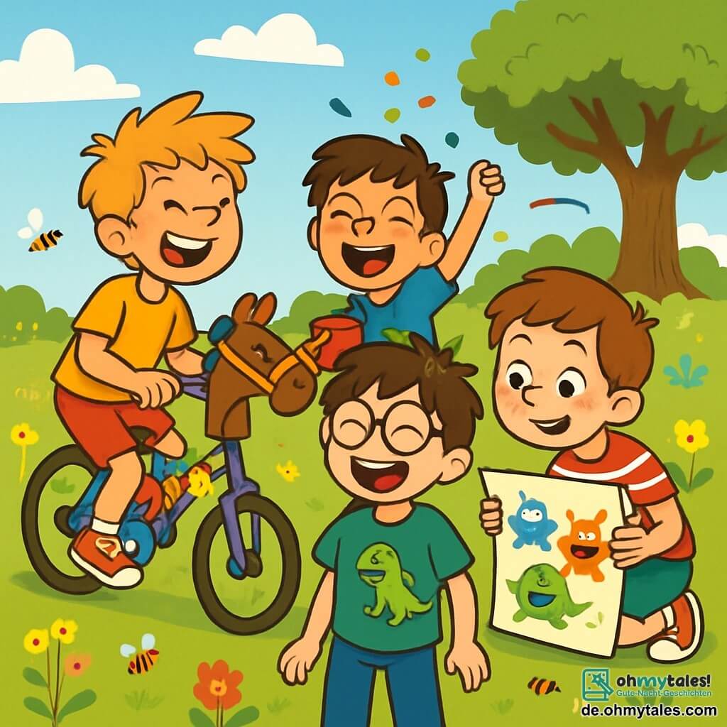 Es gibt vier Kinder: Leo, ein 10-jähriger Junge mit zerzausten braunen Haaren und runden Brillen, trägt ein grünes T-Shirt mit einem Dinosaurier und steht in der Mitte, lacht herzhaft. Max, ein 10-jähriger Junge mit zerzausten blonden Haaren und einem schelmischen Lächeln, steht links auf einem Rad ohne Räder und tut so, als würde er ein Pferd reiten. Tobi, ein 10-jähriger Junge mit kastanienbraunen Haaren und Sommersprossen, sitzt rechts und hält ein großes buntes Blatt Papier mit Monsterzeichnungen. Emil, ein 10-jähriger Junge mit schwarzen Haaren und einem blauen T-Shirt mit einem großen Dinosaurier, steht hinter Leo, lacht und hält einen Eimer voller Konfetti. Die Szene spielt auf einer Wackelwiese, einer grünen, weichen Wiese mit bunten Blumen und kleinen Insekten. Im Hintergrund steht eine majestätische alte Eiche, und der Himmel ist strahlend blau mit einigen flauschigen weißen Wolken. Die Kinder lachen, nachdem sie ein lustiges Fahrzeug aus alten Fahrradteilen und bunten Dekorationen gebaut haben, während Max auf dem Rad tut, als würde er reiten, Tobi und Emil Monster zeichnen und Leo in der Mitte lacht, was eine fröhliche und energiegeladene Atmosphäre schafft.
