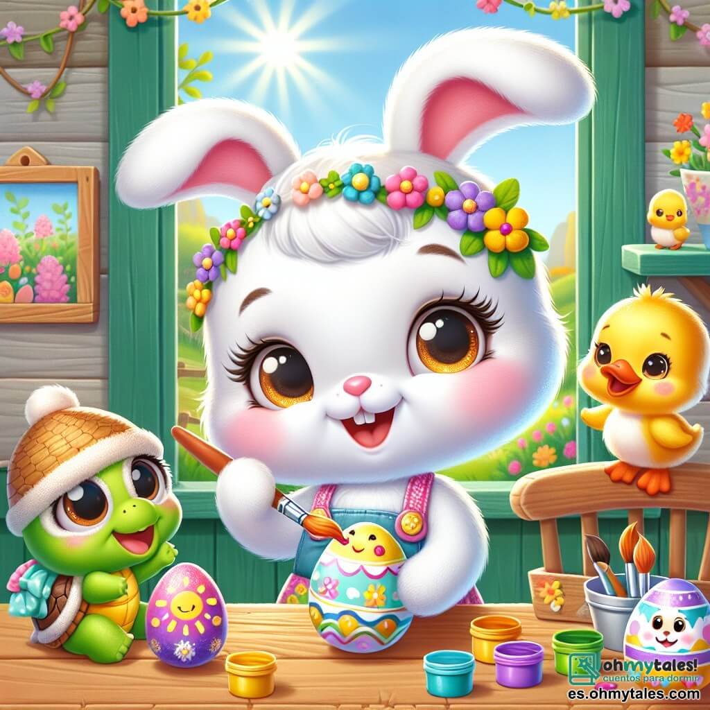 Una pequeña coneja llamada Lila, con un pelaje suave y blanco, grandes orejas rosas y ojos brillantes de alegría, está pintando huevos de Pascua coloridos en una mesa de madera. Lleva un adorable delantal de flores y sonríe con entusiasmo, sosteniendo un pincel en su pata. Junto a ella, su mejor amiga, Sofía la tortuga, con un caparazón verde decorado y una cara sonriente, la observa con admiración mientras sostiene un huevo decorado. Sofía está sentada en una silla, mirando a Lila con ojos brillantes de emoción. Su amigo, Pepe el pato, con su plumaje amarillo brillante y un pequeño sombrero de paja, se encuentra cerca de la ventana, mirando los huevos con una gran sonrisa, listo para ayudar. La escena transcurre en una encantadora casita de madera, rodeada de flores coloridas y árboles verdes, con rayos de sol filtrándose por las ventanas, creando un ambiente alegre y festivo. Lila está en plena creación, pintando huevos de Pascua con colores vivos, mientras sus amigos la animan, llenando el aire de risas y felicidad.