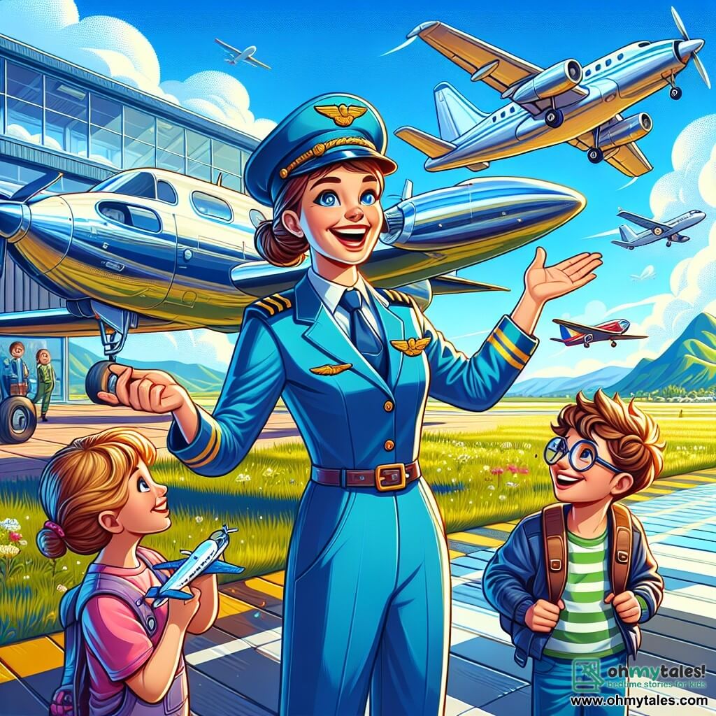 A smiling female pilot, about 25 years old with brown hair in a bun, wears a bright blue flight suit and a pilot's helmet. She stands near a shiny silver airplane, arms open, radiating joy and excitement. Next to her, a 10-year-old boy with messy blonde hair and glasses looks at the airplane with wide eyes, holding a small model airplane in his hands. Another character, a 9-year-old girl with curly brown hair, wears a pilot's cap and smiles, giving a thumbs up in encouragement. The scene takes place on a sunny airfield with various sized airplanes parked on the tarmac and white clouds floating in a bright blue sky. In the background, majestic green mountains rise. The main situation shows the pilot explaining to the children the excitement of flying, inviting them to dream of becoming pilots themselves, while an airplane majestically takes off into the sky, symbolizing freedom and adventure.