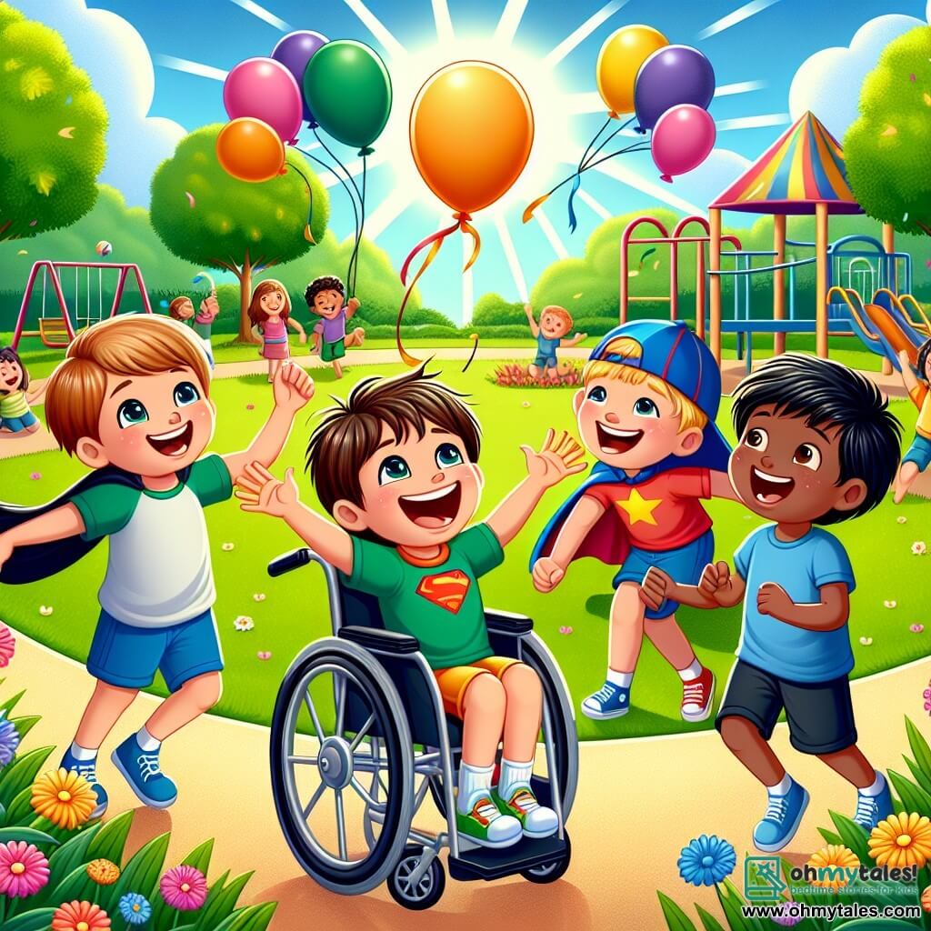 In a sunny park, four boys stand together, beaming with joy. Alex, a 10-year-old with messy brown hair and a bright smile, is in the center, raising his arms enthusiastically. To his right, Max, a 9-year-old Caucasian boy in a wheelchair, wears a superhero cap and smiles widely, ready to join the fun. On the left, Sam, a 10-year-old with blond hair and sparkling eyes, gestures friendly towards Max, inviting him to play. Finally, Leo, a 9-year-old with black hair and tan skin, leans forward, laughing with his friends, arms crossed on his knees. The park is vibrant with colors, featuring large leafy trees, colorful flowers, and playgrounds in the background. Balloons float in the air, and a big colorful banner announces the event. The scene shows the boys playing a superhero game, laughing and encouraging each other, illustrating the tolerance and friendship that unite them, while other children join them, creating an atmosphere of joy and inclusion.