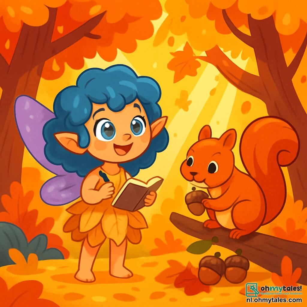 Finny, een kleine fee met glinsterende paarse vleugels, staat in het midden van een open plek in de herfst, met glinsterende ogen van verwondering. Haar krullende haar is helderblauw en ze draagt een jurk van gouden bladeren, terwijl ze een klein notitieboekje in haar handen houdt, klaar om haar ontdekkingen op te schrijven. Naast haar is een eekhoorn met sprankelende ogen en een rode vacht bezig eikels te verzamelen, met een geconcentreerde en blije uitdrukking. Hij bevindt zich vlakbij Finny, terwijl hij op een lage tak van een boom klimt. De plek is een betoverde open plek, omringd door bomen met vurig gekleurde bladeren, met zonnestralen die door de takken filteren en een spel van schaduw en licht op de met gevallen bladeren bedekte grond creëren. Finny observeert nieuwsgierig de heldere herfstkleuren, klaar om elk fascinerend detail van haar omgeving op te schrijven, terwijl de eekhoorn verder zoekt naar verborgen schatten in de bladeren.