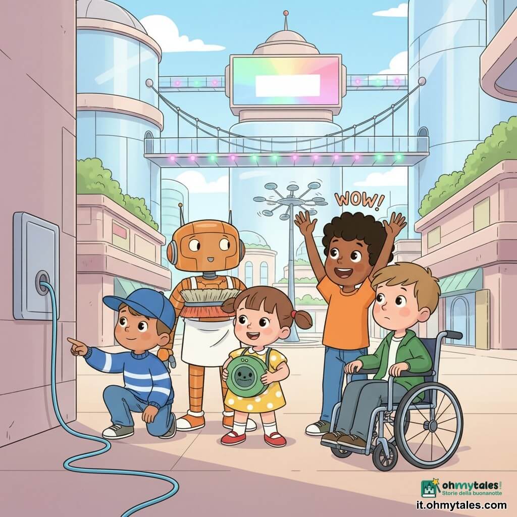 Ci sono cinque personaggi: Lila, bambina di 3 anni con due codine castane e vestito giallo a pois bianchi, tiene davanti a sé una "Scatola-Ascolto" rotonda verde; Teo, bimbo di 3 anni con berretto blu e felpa a righe, accovacciato a sinistra indica un cavo caduto; Nuri, bimbo di 3 anni dai capelli ricci neri con maglietta arancione a destra, sorride e alza le mani facendo "Wow"; Piero, bimbo di 3 anni con capelli corti e giacca verde, è su una carrozzina argento con ruote lucide a destra di Nuri e osserva il cavo; un piccolo robot custode metallico arancione con grembiule e spazzola integrata sta dietro al gruppo inclinando leggermente la testa per aiutare. La scena si svolge in una grande piazza futuristica diurna con pavimento liscio color pastello, alte torri di vetro arrotondate, ponti di vetro sospesi con luci rosa e verdi, uno schermo di mercato spento sullo sfondo e un albero metallico al centro con pale che girano lentamente; i bambini lavorano insieme con gesti delicati per rimettere a posto il cavo, la Scatola-Ascolto verde è pronta a registrare, l'atmosfera è calda e rassicurante, colori vivaci e contorni morbidi in stile cartoon anni '90.