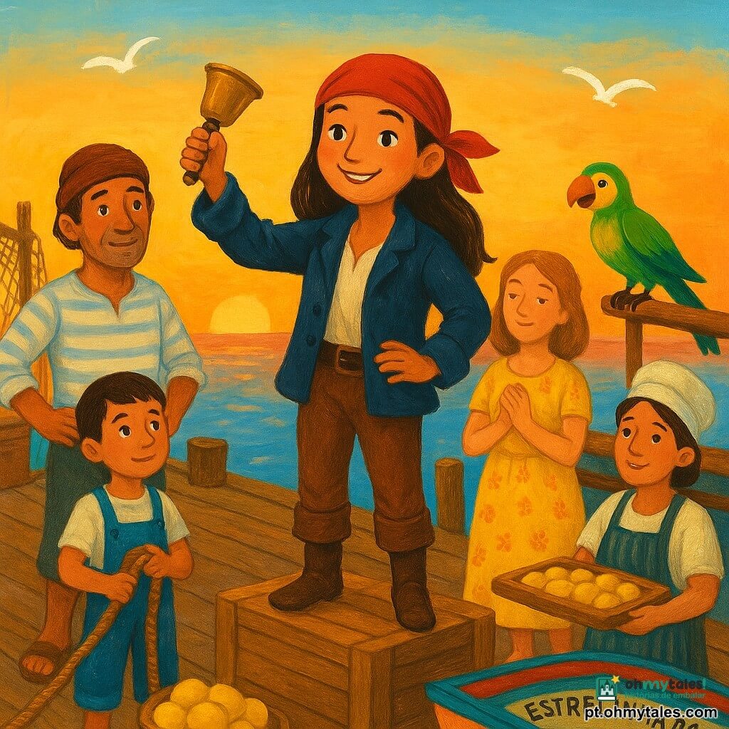 Uma jovem pirata, Joana Vela, sorridente e bondosa, lenço vermelho na cabeça, jaqueta azul gasta, mãos levemente bronzeadas, está em pé sobre uma caixa de madeira segurando um pequeno sino de bronze erguido, postura confiante e olhar luminoso para a multidão; um papagaio colorido, Pico, pousado no corrimão à direita com penas verdes e asas amareladas, expressão travessa; um pescador de cerca de 40 anos, Nuno, rosto marcado, camisa listrada e calças dobradas, à esquerda junto a uma corda, mãos na cintura e sorriso tímido; uma vendedora de cerca de 25 anos, Lila, vestido amarelo com flores e cesto de limões aos pés, à frente à direita, mãos juntas e olhar sereno; um menino marinheiro, Tomé, cerca de 12 anos, pequeno e forte, de macacão segurando uma corda perto do barco, olhando com orgulho para a capitã; uma cozinheira, Rosa, cerca de 35 anos, avental listrado oferecendo uma bandeja de biscoitos junto a uma mesa de mercado; o local é um cais de madeira marrom com barracas, redes de pesca penduradas, uma caixa de limões viva caída, gaivotas no céu e o barco colorido Estrelinha do Mar amarrado, água brilhante e pôr do sol laranja-rosa; Joana toca o sino para reunir a vila e propor partilhar os limões, atmosfera calorosa de reconciliação e partilha, cores vivas e traços suaves adequados a crianças de 4 anos.