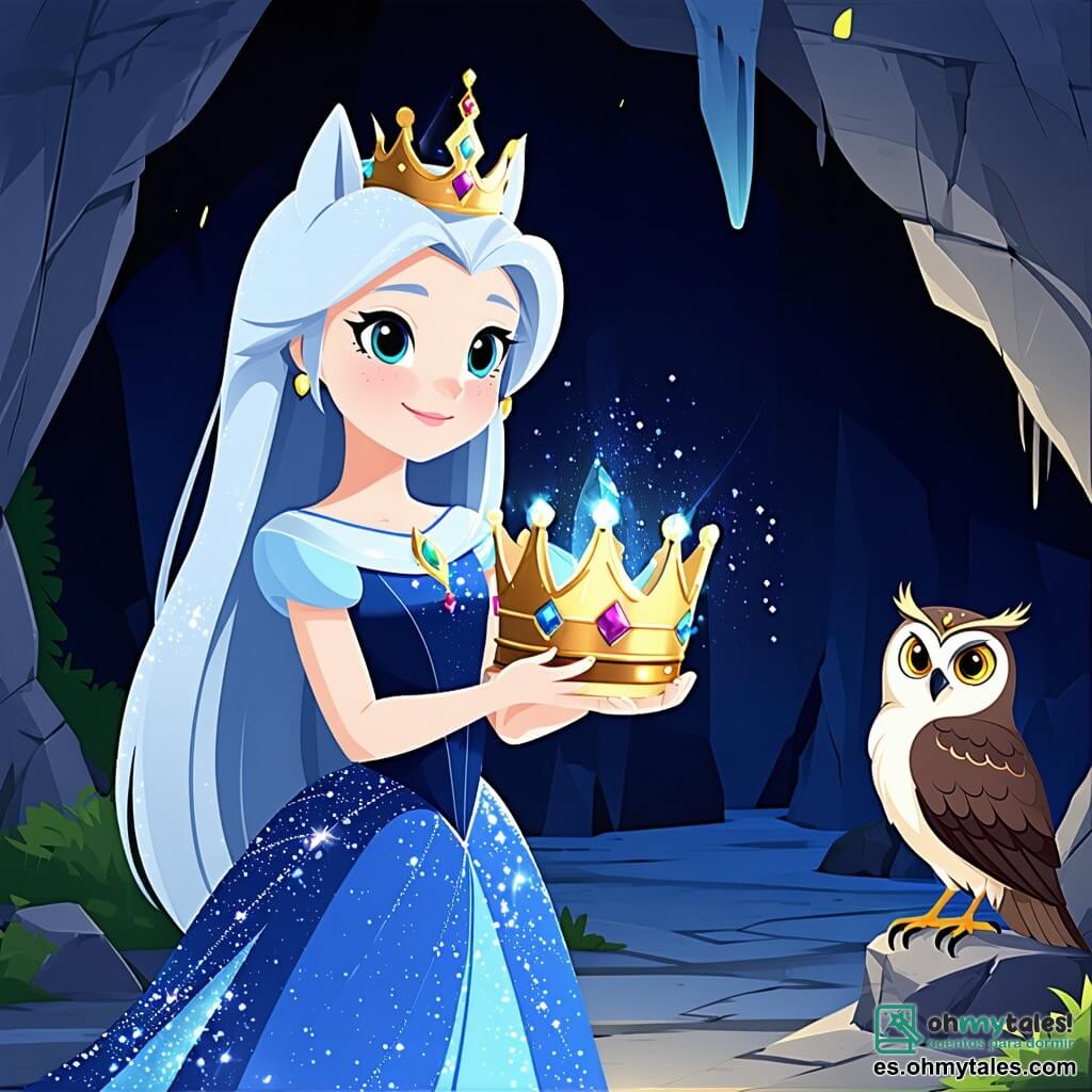 La princesa Luna, una joven de largos cabellos plateados, lleva un vestido brillante de color azul noche. Tiene un rostro alegre y curioso, con ojos que brillan de asombro. Se encuentra frente a una cueva misteriosa, sosteniendo su corona dorada en las manos, lista para ponérsela. Junto a ella, un viejo búho sabio, con plumas marrones y ojos redondos y penetrantes, la observa con benevolencia desde una rama, pareciendo animarla en su búsqueda. El escenario es un hermoso bosque encantado, con majestuosos árboles de hojas verdes brillantes y flores coloridas alrededor de la cueva. Un arroyo reluciente fluye cerca, reflejando la luz de la luna. La situación principal muestra a la princesa Luna, llena de esperanza y determinación, lista para entrar en la cueva y recuperar su corona perdida, rodeada de la magia de la naturaleza.