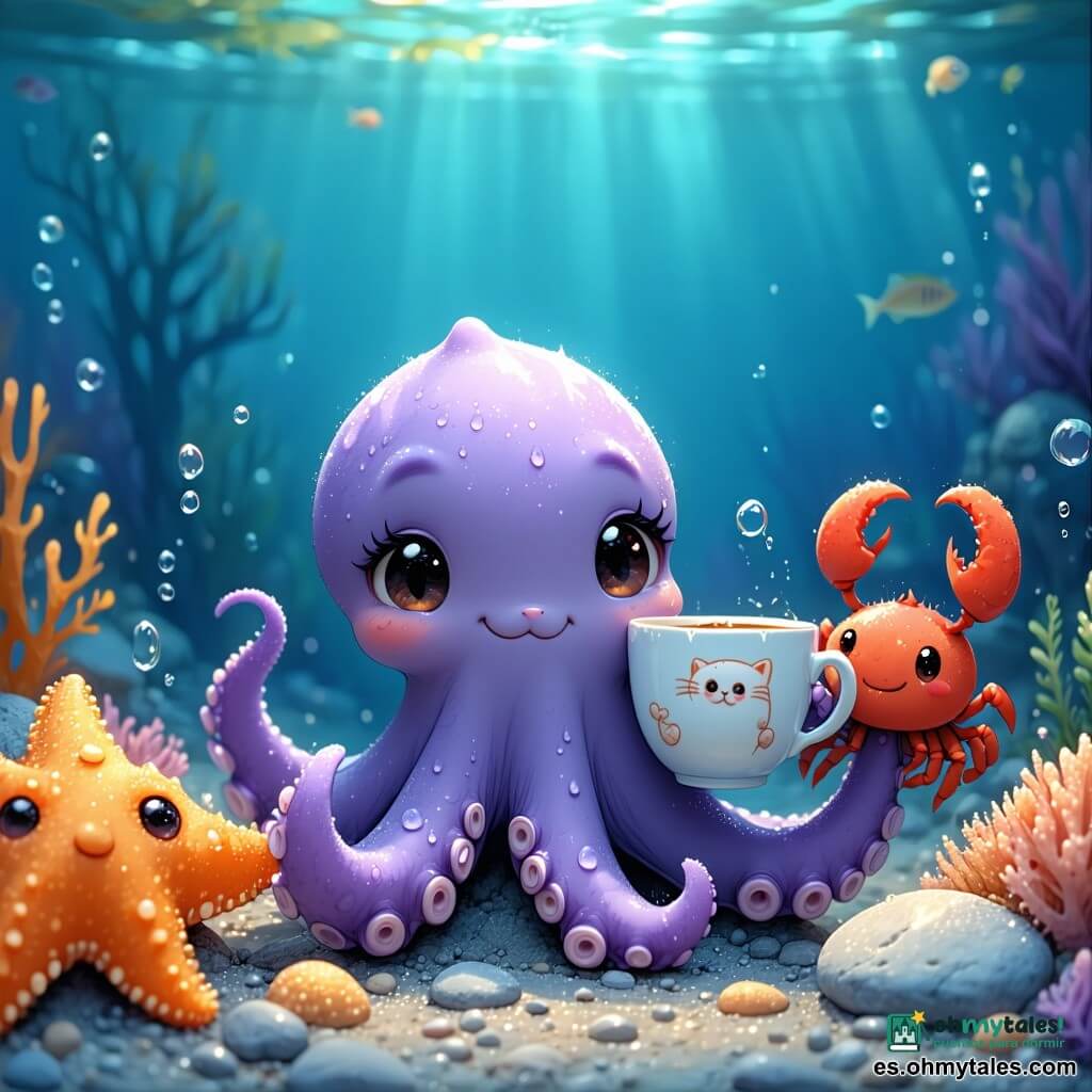 Tito, un pequeño pulpo morado de tentáculos regordetes y grandes ojos redondos, sostiene con una ventosa una taza blanca con un gato; Lina, una estrella de mar naranja con lunares blancos, sonríe y estabiliza la taza con una piedra; Brum, un cangrejo rojo de pinzas robustas, empuja con una pinza una silla de playa blanca de plástico, detrás y a un lado. Todo bajo un viejo muelle de madera: pilares marrones con algas verdes, tablas que dejan pasar rayos dorados, arena clara con guijarros y burbujas que suben; la escena muestra al equipo acercando la silla hacia la escala del muelle para devolver la taza a la vista de los humanos, con ambiente cálido, colores pastel, líneas simples, formas redondeadas y luz suave filtrada por el agua.