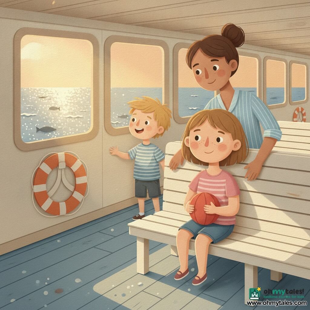 An 8-year-old girl with light brown bobbed hair, slightly tanned skin, a round face and freckles sits calmly and proudly in the shadow of the ferry's lower deck holding a small red ball on her knees; a woman (mother, ~35) with her hair in a bun and a light blue-striped blouse sits behind her, smiling and resting a reassuring hand on the girl's shoulder; a ~10-year-old boy (cousin) with messy blond hair and a striped T-shirt stands a few steps away, leaning on the railing and looking excitedly out the window at the sea. Interior: lower ferry cabin with ivory-painted wooden benches, large rectangular windows streaming sunlight, orange life rings on the wall, plank floor with bluish reflections. Scene at dusk: cool shadow, silver sea with sparkling highlights and a few shadowy fish beneath the surface — soft, summery, sheltered atmosphere. Visual style: paper-cut, simple shapes and layered paper textures, warm pastel colors, crisp edges and soft cast shadows.
