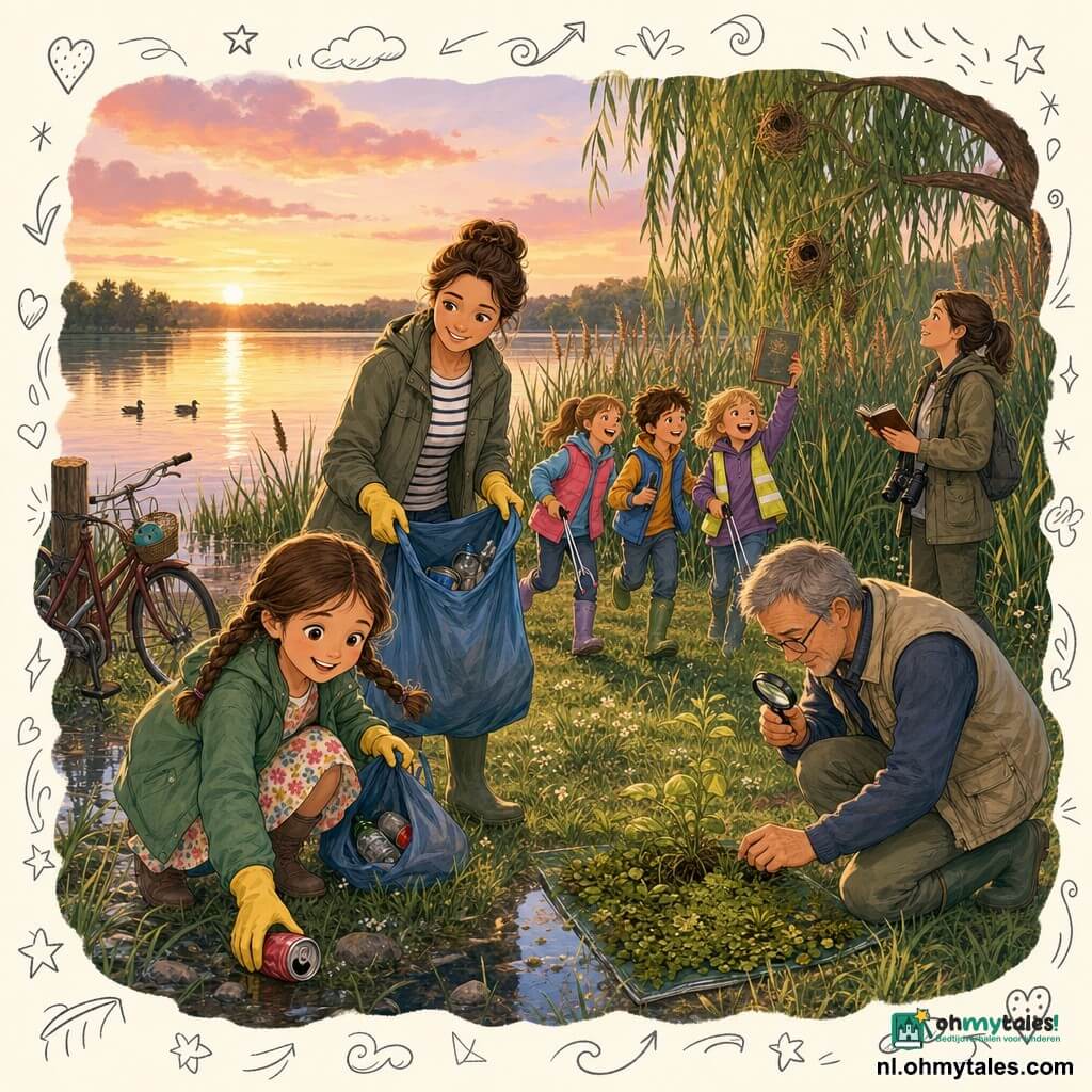 Een 8-jarig meisje met bruine ingevlochten haren, glimlachend en vastberaden, draagt een groene jas en een bloemenjurkje en raapt met gele handschoenen een metalen blikje bij de oever; de moeder (±35) staat iets achter haar, haarhaar in een knot, houdt een grote blauwe vuilniszak en lacht bemoedigend. Een groep van drie kinderen (7–9) met kleurige hesjes en grijpers rent lachend bij het riet; één toont een oud boek dat op het gras is gevonden. Een mannelijke onderzoeker (±50) met rubberlaarzen en een vergrootglas knielt bij waterplanten en bestudeert een plantje. Een vrouwelijke vogelonderzoeker (±40) in laarzen en kaki‑jas, met notitieboek en verrekijker, staat onder een hellende wilg en kijkt naar nesten in het riet. Locatie: een meeroever bij schemering, rustig water dat goud‑roze weerspiegelt, groen‑bruine rietkragen, een fiets tegen een paal en nat gras met kleine witte bloemetjes. Hoofdsituatie: een gemeenschappelijke schoonmaakactie aan het meer — kinderen en volwassenen rapen gezamenlijk afval (blikjes, plastic zakken, piepschuim), warme samenwerking en gouden licht, met speelse doodle‑bubbels rond gevonden voorwerpen (schelp, sleutel, ketting).