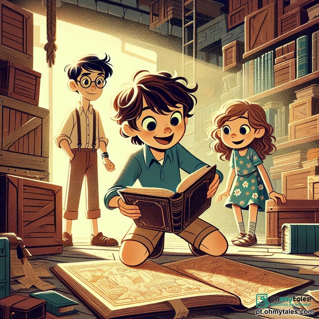 Um garoto de 12 anos, Lucas, está no centro da imagem, com cabelos castanhos bagunçados e olhos brilhantes de curiosidade. Ele usa uma camiseta azul e um short bege, e seu rosto expressa grande excitação enquanto segura um livro antigo aberto nas mãos, descobrindo um mistério. À sua direita, sua melhor amiga, Júlia, uma menina de 11 anos com cabelos longos e cacheados, usa um vestido florido e observa o livro com admiração, seus olhos brilhando de fascínio. À esquerda, Pedro, um garoto de 12 anos com óculos e cabelos castanhos, está inclinado para frente, examinando um mapa antigo espalhado sobre a mesa, com uma expressão concentrada e determinada. O local da cena é um velho sótão empoeirado, cheio de caixas de madeira, móveis antigos e prateleiras carregadas de livros. A luz do sol filtra através de uma janela suja, criando padrões luminosos no chão de madeira. A situação principal mostra Lucas, Júlia e Pedro em plena exploração, descobrindo tesouros esquecidos e pistas misteriosas, prontos para resolver o mistério do tesouro escondido da cidade.