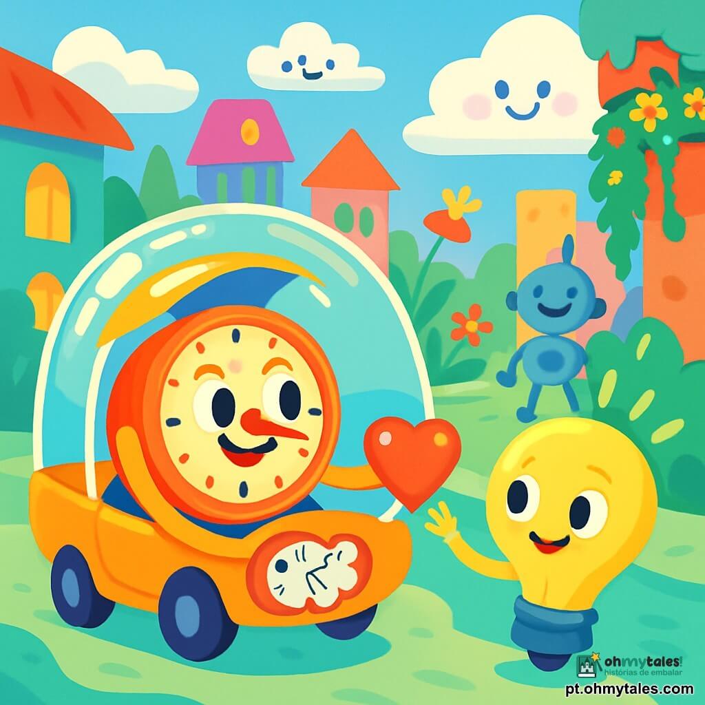 Um pequeno personagem redondo e alegre, Tic-Tac, um relógio com braços longos e um rosto sorridente, está dentro de um táxi-bolha transparente. Seus olhos brilham de excitação enquanto observa curiosamente ao seu redor. Ao seu lado, uma pequena lâmpada chamada Luzinha, com corpo em forma de bulbo e um sorriso radiante, está na calçada, exibindo uma expressão amigável e calorosa. O cenário é uma cidade futurista, com casas coloridas que dançam suavemente, jardins suspensos e ruas em forma de ondas cintilantes. Flores cantam e robôs sorridentes se movem alegremente ao redor. A cena principal mostra Tic-Tac e Luzinha compartilhando um momento terno, enquanto trocam um lindo adesivo brilhante em forma de coração, simbolizando sua amizade, sob um céu repleto de nuvens divertidas e cores vibrantes.