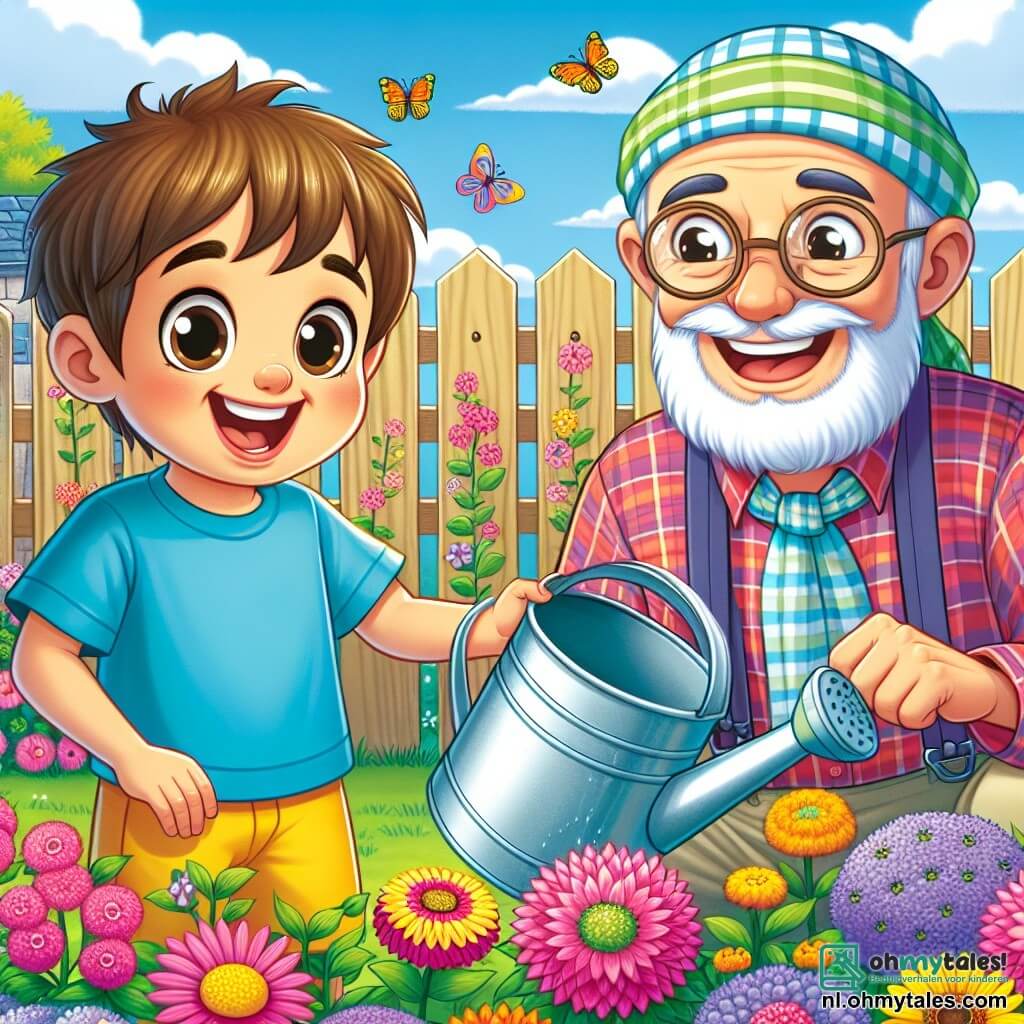 Een 6-jarig jongetje, Samir, met bruin haar en sprankelende ogen, glimlacht breed terwijl hij kleurrijke bloemen in de tuin van zijn buurman water geeft. Hij draagt een felblauw T-shirt en een gele short, en zijn gezicht straalt van opwinding. De heer Hassan, een man van ongeveer 70 jaar met een witte baard en ronde bril, staat naast hem, lachend en een gieter vasthoudend. Hij draagt een geruite blouse en beige broek, en kijkt vriendelijk naar Samir. De tuin is vol met stralende bloemen in alle kleuren: roze, geel en paars, met vlinders die eromheen vliegen. Op de achtergrond is een houten hek en een heldere blauwe lucht met donzige witte wolken te zien. De scène toont Samir en de heer Hassan die samen werken, lachend en blij, wat de geest van kameraadschap en vrijgevigheid tijdens de Ramadan illustreert.