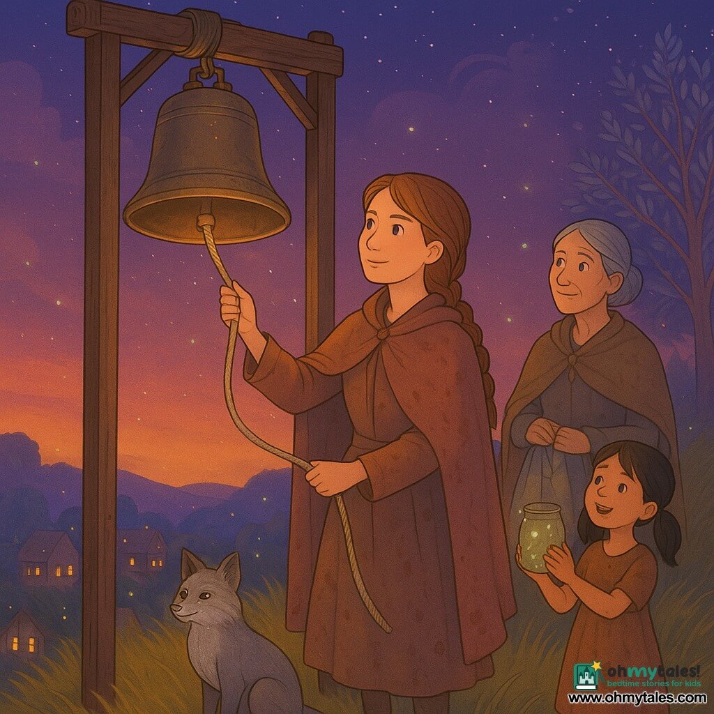 Elara, a woman with a gentle determined face and light brown hair braided, wearing an earth-stained dawn-colored coat, pulls a large bell rope tied to a glittering silver thread, while Mara, about 55, veiny skin and gray hair in a bun, stands a step behind holding a patched blanket and smiling, and Lio, a seven-year-old girl in pigtails and a dirt-streaked simple dress, lifts a jar of glowing fireflies toward the sky; a sleek silver fox sits at the stage edge watching loyally. The scene is atop a golden grassy hill at dusk with tall swaying grasses, an old metal bell on a wooden post, a village below with lantern-lit windows, warm sunset light mixed with yellow lanterns and green fireflies under a mauve starry sky and distant silver-leaved forest. Elara’s bell produces a wave of light that makes the silver threads of lanterns gleam and warms the villagers’ faces, creating an atmosphere of hope and calm.