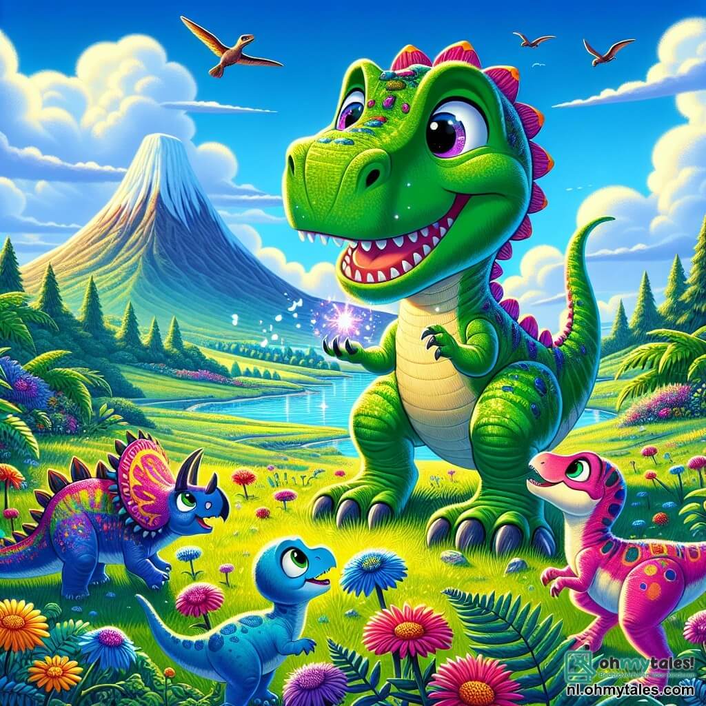 Een jonge Tyrannosaurus Rex, genaamd Tibo, staat in het midden van de afbeelding met een grote blije glimlach en sprankelende ogen van opwinding. Zijn lichaam is felgroen, met glanzende schubben en stralend witte tanden. Hij houdt een magische steen vast die schittert in zijn kleine voorpoten. Aan zijn rechterkant snuffelt Sari, een roze stegosaurus met kleurrijke rugplaten, nieuwsgierig aan kleurrijke bloemen. Aan zijn linkerkant kijkt Max, een blauwe triceratops met drie scherpe hoorns, bewonderend naar Tibo, klaar om te helpen. Lila, een kleine gele velociraptor, springt vrolijk om hen heen, met glanzende ogen vol enthousiasme. De scène speelt zich af op een uitgestrekt groen veld, bezaaid met grote varens en heldere bloemen onder een heldere blauwe lucht, met verre bergen aan de horizon. Op de achtergrond stroomt een schitterende rivier rustig, omringd door majestueuze bomen. De hoofdsetting toont Tibo en zijn vrienden die de magische steen ontdekken die schittert en zingt, wat hun vriendschap en avontuurlijke geest symboliseert terwijl ze zich voorbereiden om samen nieuwe avonturen te beleven.