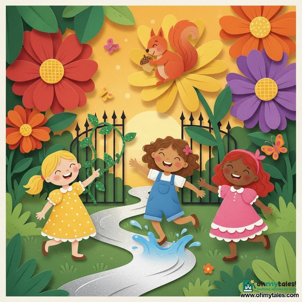 Four characters: Lily (18 months), a blonde toddler with short pigtails in a yellow polka-dot dress pointing toward a sparkling river at left foreground; Daisy (18 months), a curly brown-haired toddler in blue overalls splashing in the water at center; Rose (18 months), a redheaded toddler in a ruffled pink dress laughing and reaching toward Daisy at right; and a friendly red squirrel with a bushy tail holding a shiny acorn, perched on a golden flower behind them. Setting: a magical garden enclosed by a small iron gate with sparkling vines, giant paper-cut flowers in vivid reds, purples and oranges, textured green leaves, a silver ribbon-like stream across the center and colorful butterflies. Main scene: the three toddlers play and help the squirrel find its acorn in a joyful, dynamic moment with water splashes, dancing flowers and golden sunset light; bold contrasting colors, simple shapes, crisp silhouettes and visible paper-cut textures.