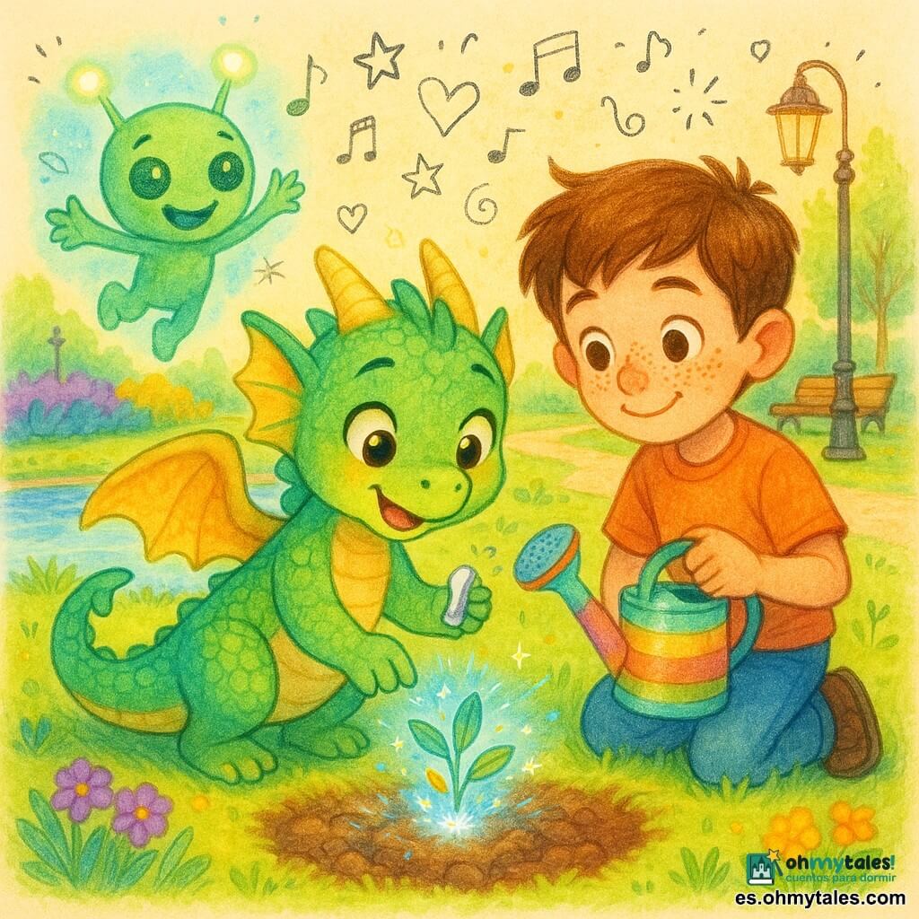 Zandra, una pequeña dragona esmeralda juvenil de alas suaves y escamas brillantes, sonríe mientras sostiene una cápsula plateada y planta una semilla luminosa en un rincón del jardín; Pablo, un niño de unos 9 años de cabello castaño y pecas, se arrodilla a su derecha con una regadera colorida; Omi, un pequeño extraterrestre verde de grandes ojos y dos antenas luminosas, flota en el fondo como holograma amigable; el jardín público junto a un pequeño estanque tiene césped verde intenso, parterres de flores saturadas, faroles antiguos y un banco de madera, y la tierra donde se planta emite halos azules; la semilla galáctica germina en una plántula multicolor con hojas turquesa y doradas que brillan y vibran al compás de una melodía invisible, con luz suave y reflejos estrellados; estilo: colores cálidos y saturados, trazos suaves, texturas acuarela y lápiz, composición centrada, ambiente tierno y de asombro, con pequeños doodles (estrellas, notas musicales, corazones) alrededor.