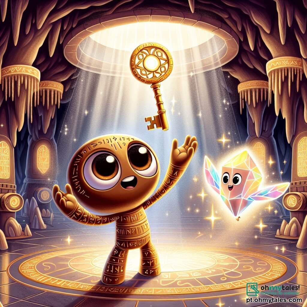 Chaveiro, um personagem em forma de chave de bronze, com inscrições antigas em seu corpo, está no centro de uma caverna majestosa, com os olhos brilhando de emoção e determinação. Ele levanta uma mão em direção ao Pergaminho do Destino, que flutua acima de um pedestal, emitindo uma luz dourada e misteriosa. Ao seu lado, Lúcia, uma pedra de cristal luminosa, flutua no ar, irradiando alegria e encorajamento, suas facetas cintilando como estrelas. A caverna é adornada com paredes brilhantes, com runas douradas gravadas que brilham na escuridão, e um chão de mármore liso que reflete a luz do Pergaminho. No fundo, estalactites cintilantes descem do teto, criando uma atmosfera mágica e encantadora. A cena principal mostra Chaveiro prestes a agarrar o Pergaminho, simbolizando sua coragem e busca para restaurar o equilíbrio na Cidade das Sombras, enquanto Lúcia o encoraja com uma luz radiante, iluminando o caminho para seu destino.