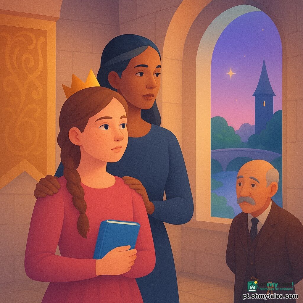A princesa de onze anos, rosto redondo com sardas e cabelo castanho-claro em uma trança solta, segura um pequeno caderno azul junto a uma grande janela, com olhar determinado e sonhador; a rainha, mulher esguia de cabelos pretos com fios grisalhos, está atrás dela com a mão no ombro esquerdo; Sir Dário, criado idoso de bigode grisalho com chaves na cintura, observa preocupado; interior de um castelo luminoso de estilo medieval-fantástico, paredes de pedra creme, tapeçarias douradas e chão de lajes polidas; pela janela um céu lilás e três luzes distantes — uma ponte prateada, um bosquete brilhante e uma torre escura com uma estrela no topo; a princesa escolhe seu caminho, olhando as três luzes enquanto a rainha a apoia e Sir Dário aguarda para acompanhar, atmosfera calma e expectante, luz suave e cores pastel com toques metálicos.