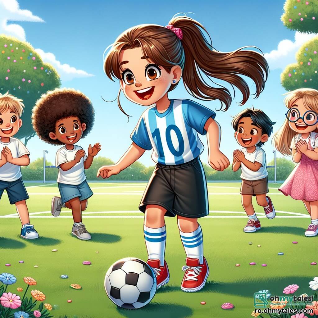 Andreea, o fetiță de 10 ani, este în centrul imaginii, cu părul lung și brun prins în coadă de cal. Ea poartă un tricou de fotbal albastru cu numărul 10, o pereche de pantaloni scurți negri și adidași roșii. Fața ei exprimă bucurie și entuziasm în timp ce le arată copiilor cum să dribleze mingea de fotbal. În jurul ei, un grup de patru copii: un băiat cu părul creț și pielea închisă la culoare, de 9 ani, care încearcă să dribleze mingea cu un zâmbet mare; o fetiță cu o rochiță roz și împletituri, de 8 ani, care aplaudă și își încurajează prietenii; un băiat blond de 10 ani, care este pregătit să primească mingea, și o altă fetiță cu ochelari, de 9 ani, care observă cu atenție mișcările Andreei. Scena are loc într-un parc verde, cu copaci înfloriți și un cer albastru însorit. Terenul de fotbal este acoperit cu iarbă, iar flori colorate marginile aleii. Andreea le arată copiilor cum să dribleze mingea, în timp ce aceștia râd și se distrează împreună, creând o atmosferă veselă și prietenoasă.