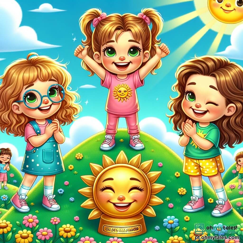 Três meninas de 8 anos, Maria, Ana e Joana, estão no topo da Montanha Risonha, com sorrisos brilhantes nos rostos. Maria tem cabelos loiros cacheados e usa uma camiseta rosa com um desenho de sol, levantando os braços em sinal de vitória. Ana, com óculos redondos e cabelos castanhos presos em dois rabos de cavalo, veste um vestido de bolinhas azuis e aplaude alegremente. Joana, com cabelos castanhos e cacheados, está vestida com uma camiseta verde e um short amarelo, piscando o olho enquanto segura o Prêmio Sorriso de Ouro, uma grande escultura dourada em forma de sorriso. A Montanha Risonha é uma colina verdejante, cheia de flores coloridas e pequenas árvores, com uma encosta íngreme que parece brincar com as crianças. O céu é de um azul vibrante, salpicado de nuvens brancas fofas, e o sol brilha intensamente, acrescentando um toque mágico à cena. As três amigas acabaram de completar um desafio impossível: escalar a montanha usando bacias plásticas para deslizar, rindo alto ao chegarem ao topo. A atmosfera é alegre e festiva, com espectadores embaixo aplaudindo e rindo de suas aventuras.