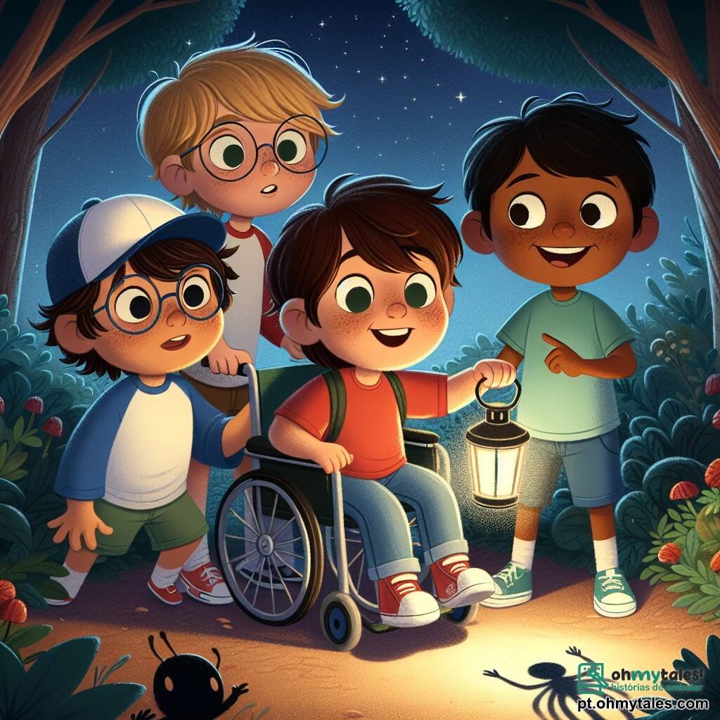 Em um jardim noturno, quatro amigos se reúnem para uma aventura mágica. Pedro, um garoto de 10 anos com cabelos castanhos bagunçados e óculos redondos, segura uma pequena lanterna que ilumina timidamente seu rosto curioso e um pouco preocupado. Tiago, de 9 anos, tem cabelos loiros e usa uma camiseta vermelha, sorrindo confiante enquanto aponta para uma sombra intrigante no chão. João, também de 10 anos, com cabelos negros e um boné azul, está um pouco à frente, levantando os braços como se convidasse os amigos a explorar mais. Miguel, um garoto de 10 anos em cadeira de rodas, tem cabelos castanhos e um grande sorriso, observando entusiasmado enquanto segura uma lanterna que brilha com uma luz acolhedora. O jardim é cheio de grandes árvores com folhas escuras, e o céu está salpicado de estrelas cintilantes, criando uma atmosfera misteriosa e acolhedora. Os quatro amigos, armados com suas lanternas, estão prontos para enfrentar seus medos e descobrir a beleza escondida da noite.