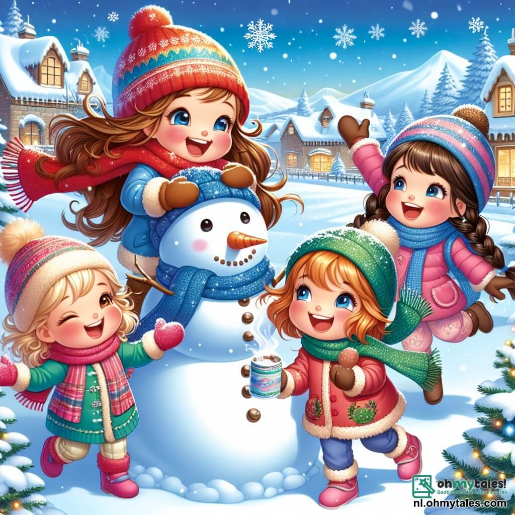 Vier blije meisjes van ongeveer 10 jaar staan in het midden van de afbeelding. Emma, met lang bruin haar en een rode sjaal, bouwt een sneeuwpop, lachend en geconcentreerd. Rechts van haar gooit Sophie, met blonde vlechten en een blauwe muts, lachend een sneeuwbal. Links staat Noor, met zwart krullend haar en een roze jas, die juichend in de lucht springt. Ten slotte kijkt Mila, met kastanjebruin haar en een groene sjaal, met een grote glimlach toe terwijl ze een kop warme chocolademelk vasthoudt. De achtergrond toont een charmant besneeuwd dorp met huizen met sneeuwbedekte daken en glinsterende dennenbomen. De lucht is helderblauw met zacht vallende sneeuwvlokken, wat een magische winterse sfeer creëert. De meisjes genieten van een zonnige winterdag, omringd door verse sneeuw, lachend en spelend samen.