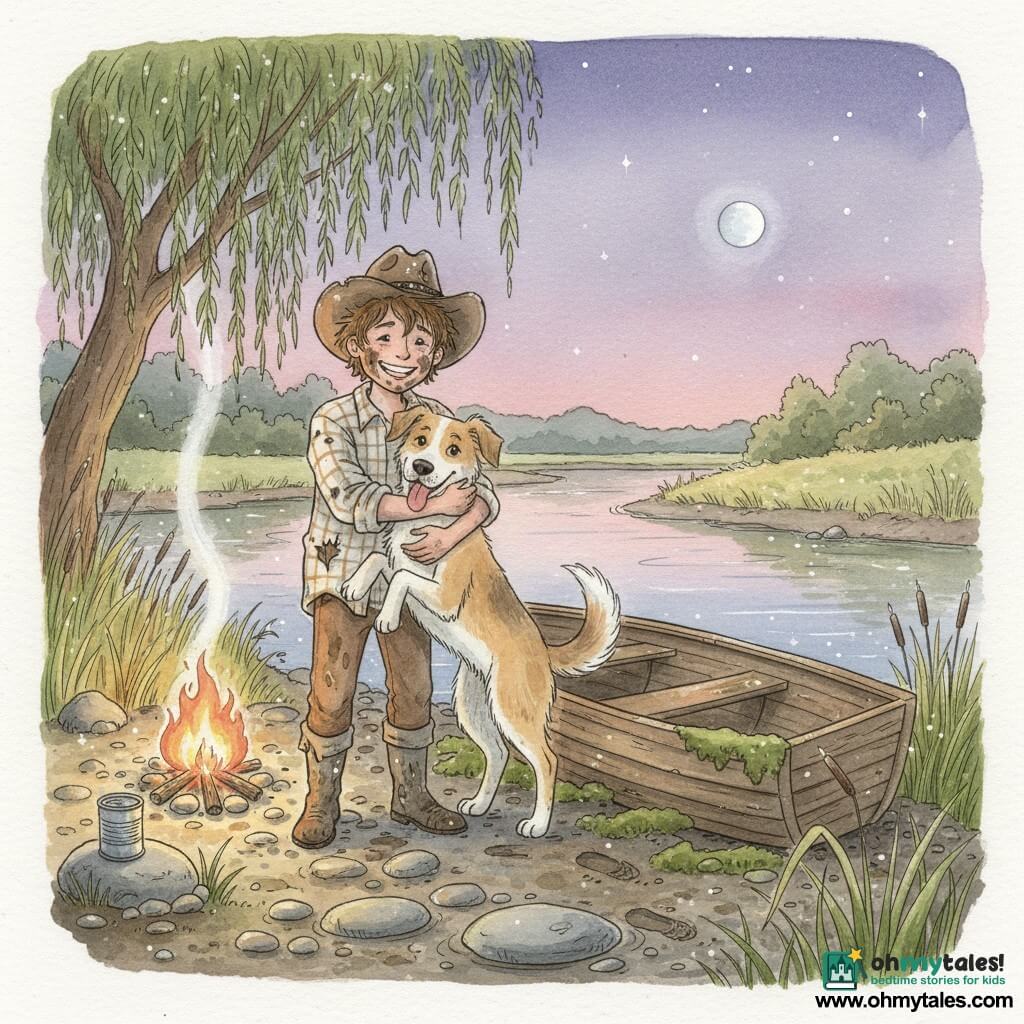 A boy, Eli, about 13, face speckled with mud, messy brown hair, broad smile and proud look, stands by a small wooden boat pulled ashore, hugging his medium-sized dog Biscuit—sandy-and-white coat, tongue lolling, tail wagging—on the right. Eli wears a worn cotton plaid shirt, brown pants soaked to the knees, muddy boots and a crooked cowboy hat. The old wooden boat has cracked, mossy planks and rests on smooth pebbles and dark mud with footprints. The bank has a drooping willow, tall yellow grasses and reeds, and round stones forming a slippery path to the water. A small campfire crackles to the left with a tin can nearby and thin smoke rising into a twilight sky painted violet, indigo and pink, a low silver moon and early stars reflecting softly on the calm river. The scene conveys triumphant, happy fatigue: water dripping from boots, mud-smeared boat, relieved posture and companionship between boy and dog, warm firelight contrasting with the cool evening.