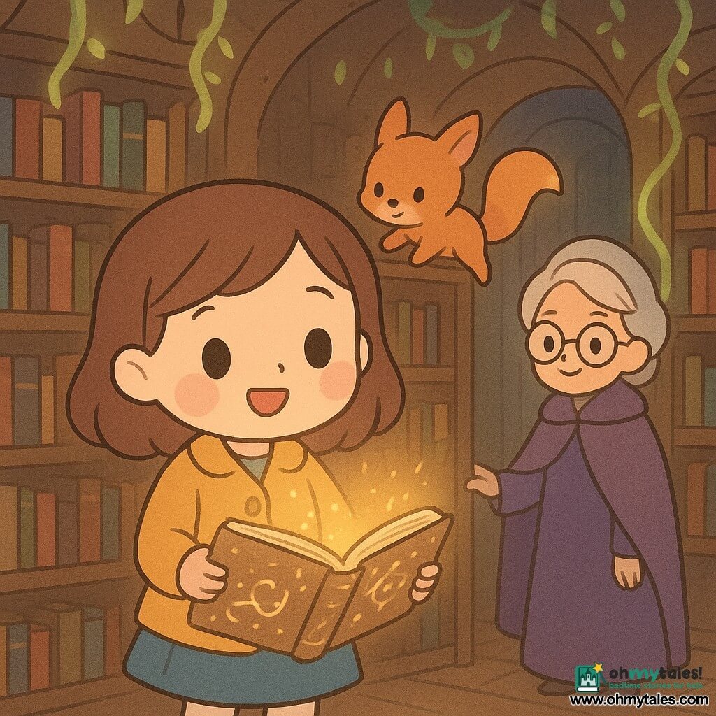 An 8-year-old girl, radiant and wide-eyed with rosy cheeks, wears a mustard-yellow jacket and blue skirt, holding an old map with glowing golden symbols; a small red-furred squirrel-fox mix (Whiskers) with a bushy tail perches on a shelf to her right; an elderly woman of about 70 in a purple cloak and round glasses stands by an arched door, hand on a glowing vine, smiling kindly; the scene is an underground secret library with tall dark wooden shelves, colorful shiny books, hanging green bioluminescent vines and warm golden light; the girl discovers a sparkling book on a lectern as the map in her hand pales and its golden symbols illuminate—the mood is magical, calm, and curious.