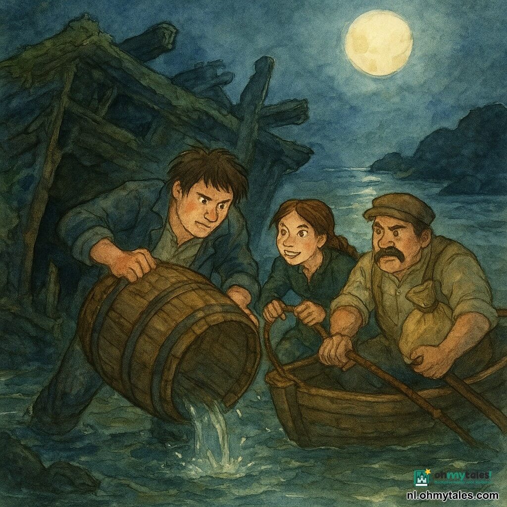 Mats (ongeveer 25), rond gezicht, warrig bruin haar en versleten zeemansjas, met een vastberaden maar vermoeide blik trekt met kracht een nat eikenvat uit een oud scheepswrak; Noor (±16) met bruine vlechten, levendige ogen en uitdagende glimlach hurkt op de achtersteven van een sloep en houdt een touw vast terwijl ze opgewonden naar het wrak kijkt; Bram (de kok, ±45), gedrongen met sterke armen en ruige snor, roeit en stabiliseert de sloep met een bezorgd oog op Mats en een zak koekjes onder de arm; donkere gebarsten houten romp bedekt met zeewier en schelpen, helder zeewater met zilveren reflecties en zwarte rotsen van het Schemerrif op de achtergrond; nachtelijke scène bij bleke maan, dynamische aquarelstijl met zichtbare penseelstreken, diepe blauwen, zeegroenen, bruintinten en vleugje bleekgeel, contrastrijk maanlicht en natte reflecties, compositie gericht op het trio en de sfeer van avontuur en kameraadschap.