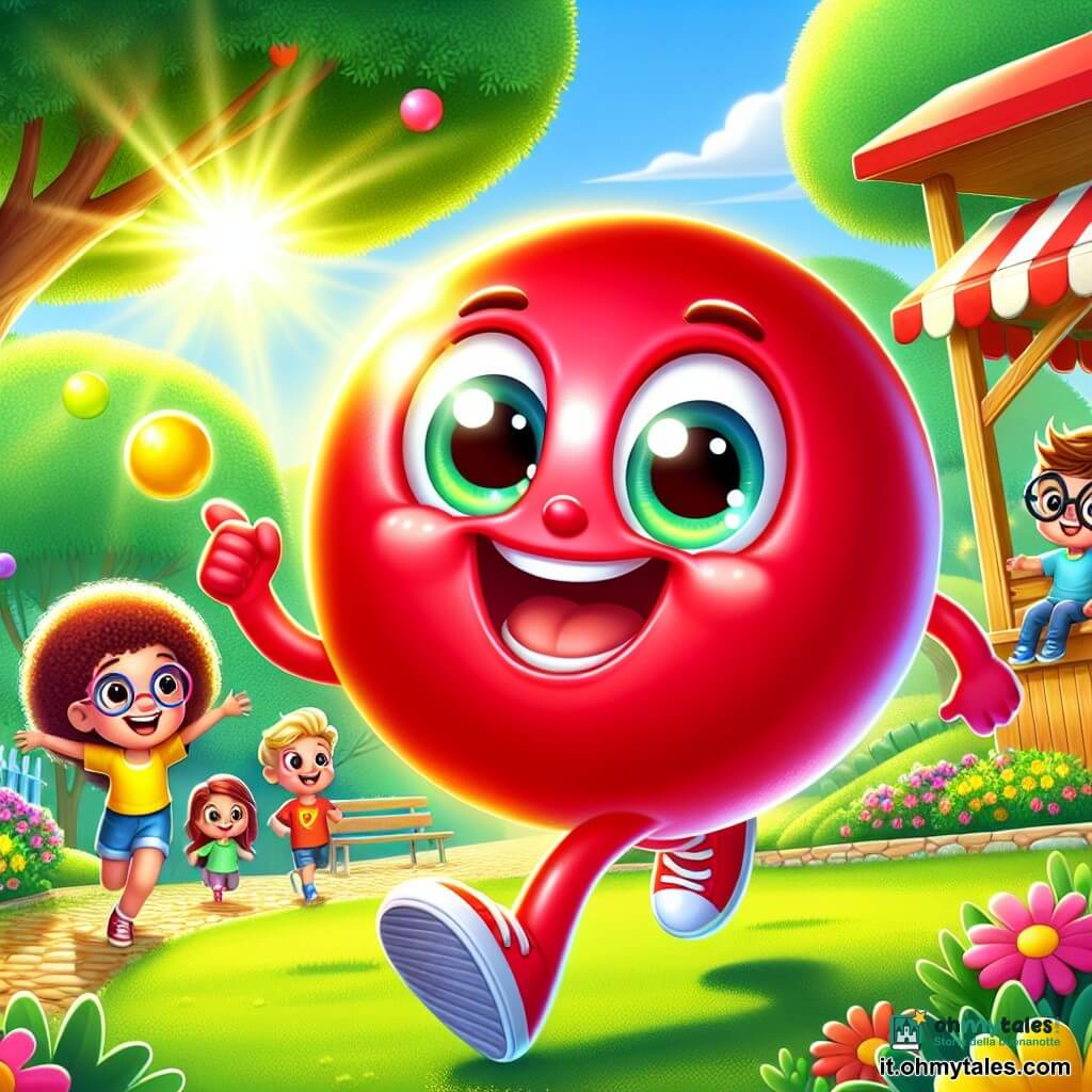 Pallo, una piccola palla di gomma rossa brillante con un sorriso gioioso, rimbalza entusiasta al centro di un parco soleggiato, con gli occhi scintillanti di curiosità. È circondato da verde brillante e giochi colorati, come altalene e uno scivolo, che aggiungono un tocco di allegria alla scena. Vicino, un gruppo di quattro bambini, tutti vestiti con t-shirt colorate, guarda Pallo con espressioni di eccitazione e meraviglia. Una bambina con capelli ricci e un vestito giallo indica un grande albero, mentre un ragazzo con occhiali rotondi e una t-shirt blu tiene in mano un piccolo bottone dorato, con un'aria intrigata. Il parco è pieno di fiori multicolori e un cielo azzurro chiaro, creando un'atmosfera gioiosa e amichevole. Sullo sfondo, un chiosco in legno, dove un uomo sorridente serve gelati, aggiunge vita a questa scena animata. La situazione principale mostra Pallo e i bambini intenti a risolvere il mistero del pallone da calcio scomparso, con espressioni determinate sui loro volti, pronti a esplorare e scoprire indizi nascosti nel parco.