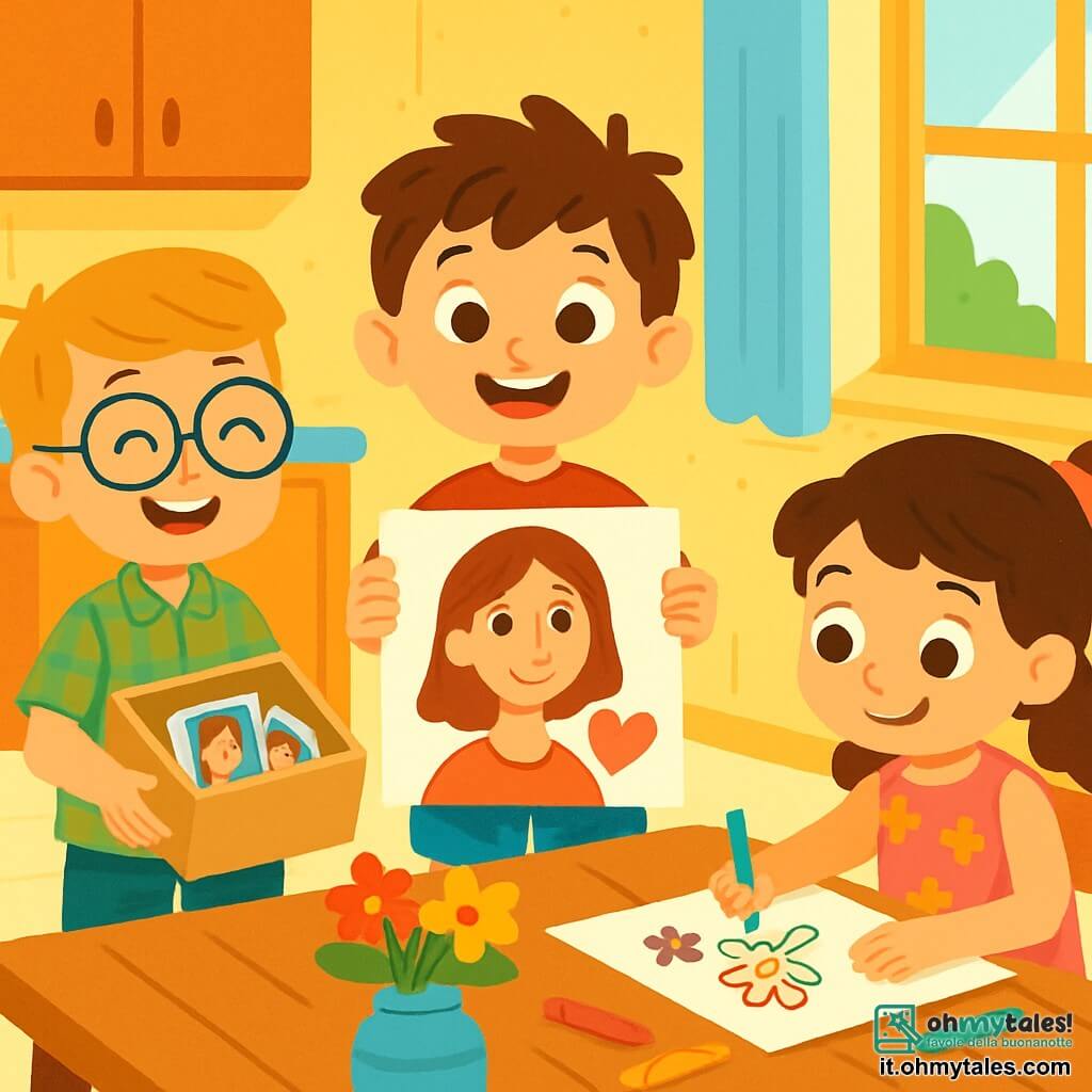 Ci sono 3 personaggi: Leo, un ragazzo di 7 anni con capelli castani disordinati e occhi vivaci, indossa una maglietta rossa e pantaloni corti blu, al centro mentre tiene un grande disegno colorato di una mamma con un cuore. Marco, un ragazzo di 7 anni con capelli biondi e occhiali rotondi, indossa una camicia a quadri e pantaloni verdi, è a sinistra di Leo, sorridente con una scatola piena di foto. Gigi, una ragazza di 6 anni con capelli lunghi e ricci legati in una coda di cavallo, indossa un vestito rosa con fiori, è a destra di Leo mentre disegna con colori su un grande foglio di carta. La scena si svolge in una cucina accogliente con pareti giallo chiaro, una grande tavola di legno decorata con fiori colorati e raggi di sole che filtrano attraverso una finestra, creando un'atmosfera gioiosa. I tre stanno preparando un regalo sorpresa per la festa della mamma, sorridenti ed entusiasti, circondati da disegni e colori, pronti a celebrare l'amore per la mamma di Leo.