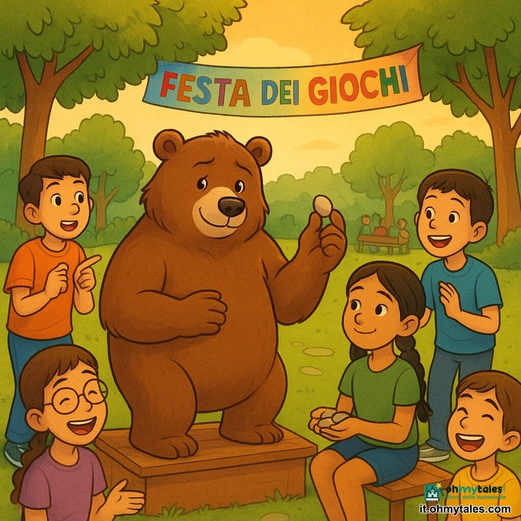 Bruno, un grande orso bruno antropomorfo dal pelo morbido, appare ansioso e fiero; tiene in alto un piccolo sasso chiaro e sorride timidamente alla folla. Amina, una bambina con due trecce e pelle olivastra, è seduta accanto a Bruno su una piccola pedana, calma e incoraggiante, con tre sassi lisci in mano. Leo, un ragazzo energico dai capelli corti e pelle chiara, sta dietro Bruno, applaude e indica sorridendo; una ragazza con l’apparecchio ride con un fischio gioioso su una panchina a destra; un ragazzo con una stampella decorata osserva curioso a sinistra; due gemelli parlano in coro sullo sfondo. Ambientazione: parco di quartiere al tardo pomeriggio con alberi, prato, una bandiera colorata "Festa dei Giochi" e spettatori sulle panchine, luce calda del tramonto. Azione principale: dimostrazione del gioco "quattro sassi" — un sasso lanciato che cade con un piccolo "plin", gesti rapidi delle mani ed espressioni di sostegno collettivo; atmosfera gioiosa, colori vivaci, contorni netti e texture morbide in stile cartoon 2D.