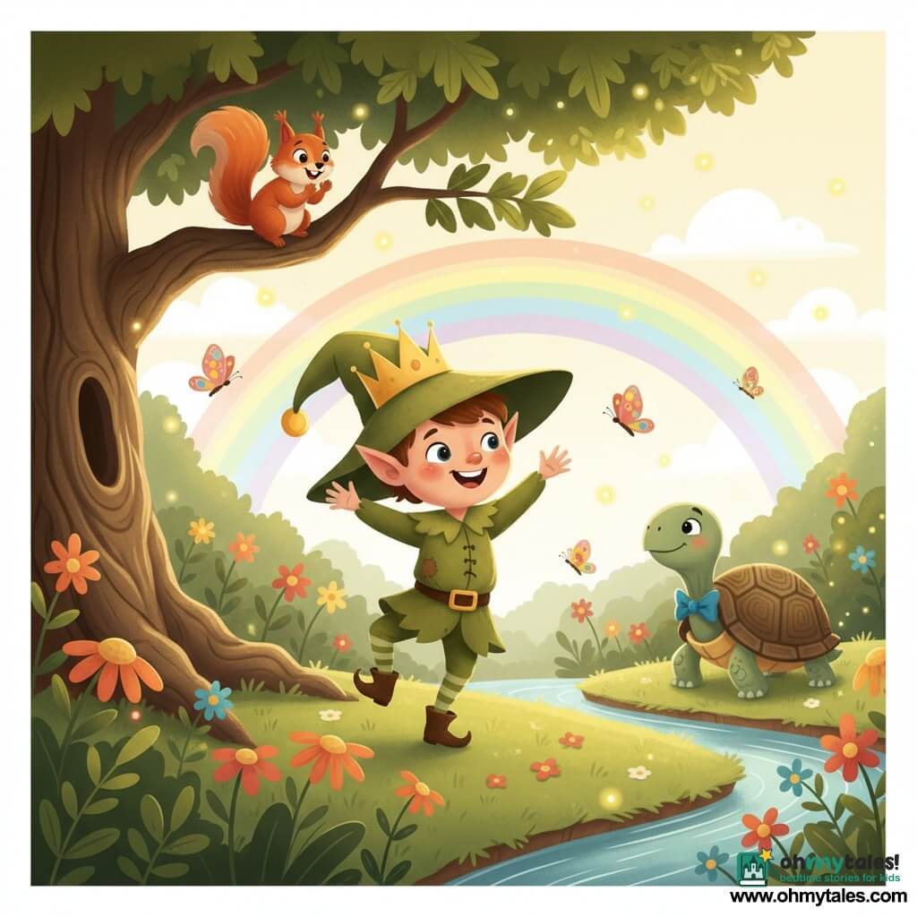 A mischievous smiling boy elf with a round face, rosy cheeks and a slightly askew large green hat wears a golden paper crown and dances joyfully center-stage in a sunny fairy-forest clearing; Flicker, a small red squirrel with bright eyes, perches on a branch above applauding, while an elegant turtle with a blue bow tie and textured shell stands by a sparkling stream observing; colorful translucent butterflies and dancing flowers fill the green grass, an ancient oak sits left, a faint rainbow and glowing fireflies complete the warm, welcoming scene celebrating the discovery of the crown.