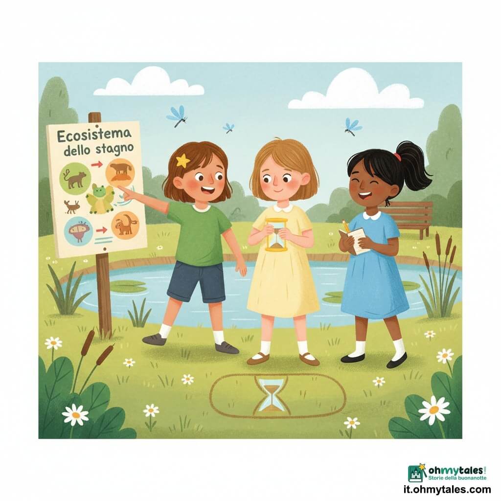 Tre bambine di circa 5 anni: Lina, castana chiara caschetto, vestito giallo pallido, tiene una piccola clessidra di plastica e sorride concentrata al centro; Nora, castana con mollettina a stella e maglietta verde, indica a sinistra un grande pannello colorato; Giada, capelli neri in coda e vestito celeste, ride tenendo un quaderno e una matita a destra. Sono in un piccolo parco vicino a uno stagno con ninfee e libellule, davanti al pannello illustrato "Ecosistema dello stagno", disegnano una clessidra nella terra, fanno gesti di stop e sorridono: momento di scoperta e collaborazione per risparmiare acqua, resa con colori gouache vivaci e pastello e tratti di pennello visibili.