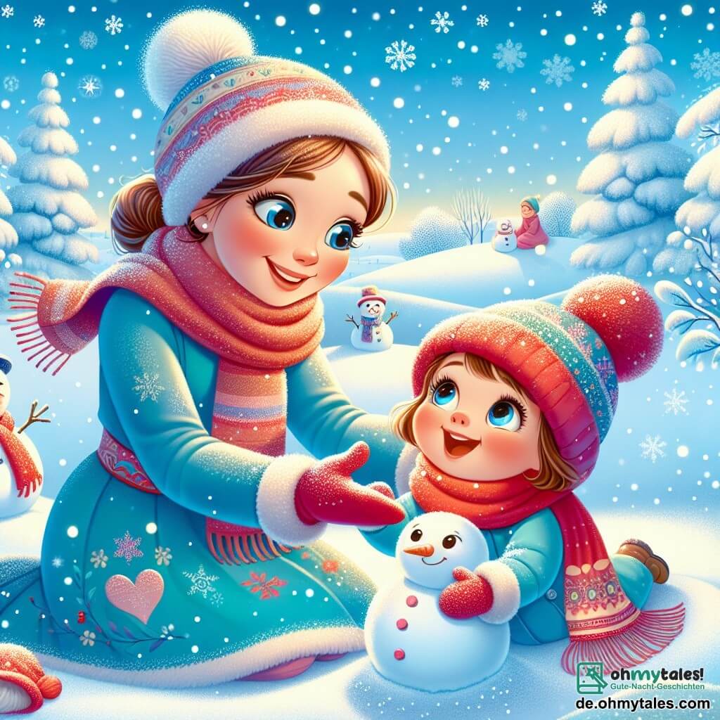 Ein kleines Mädchen von einem Jahr mit großen, leuchtenden Augen und rosigen Wangen liegt im Schnee und baut einen Schneemann. Sie trägt einen hübschen, leuchtend blauen Mantel, einen roten Schal und eine kleine Mütze mit Bommel. Ihr Gesicht zeigt immense Freude und Staunen. Neben ihr steht ihre Mama, eine etwa 30-jährige Frau mit braunen, zu einem Dutt gebundenen Haaren, die einen warmen, bunten Mantel trägt. Sie lächelt zärtlich, während sie ihre Tochter ansieht, mit ausgebreiteten Armen, bereit, mit ihr einen Schneemann zu bauen. Die Szenerie ist eine märchenhafte Winterlandschaft mit sanft fallenden Schneeflocken, schneebedeckten Bäumen und einem hellblauen Himmel. Im Hintergrund sind weiße Hügel zu sehen, die eine magische Atmosphäre schaffen. Die Hauptsituation zeigt das kleine Mädchen und ihre Mama, die zusammen im Schnee spielen, lachen und unter einem hellen Winterhimmel Schneeengel machen.