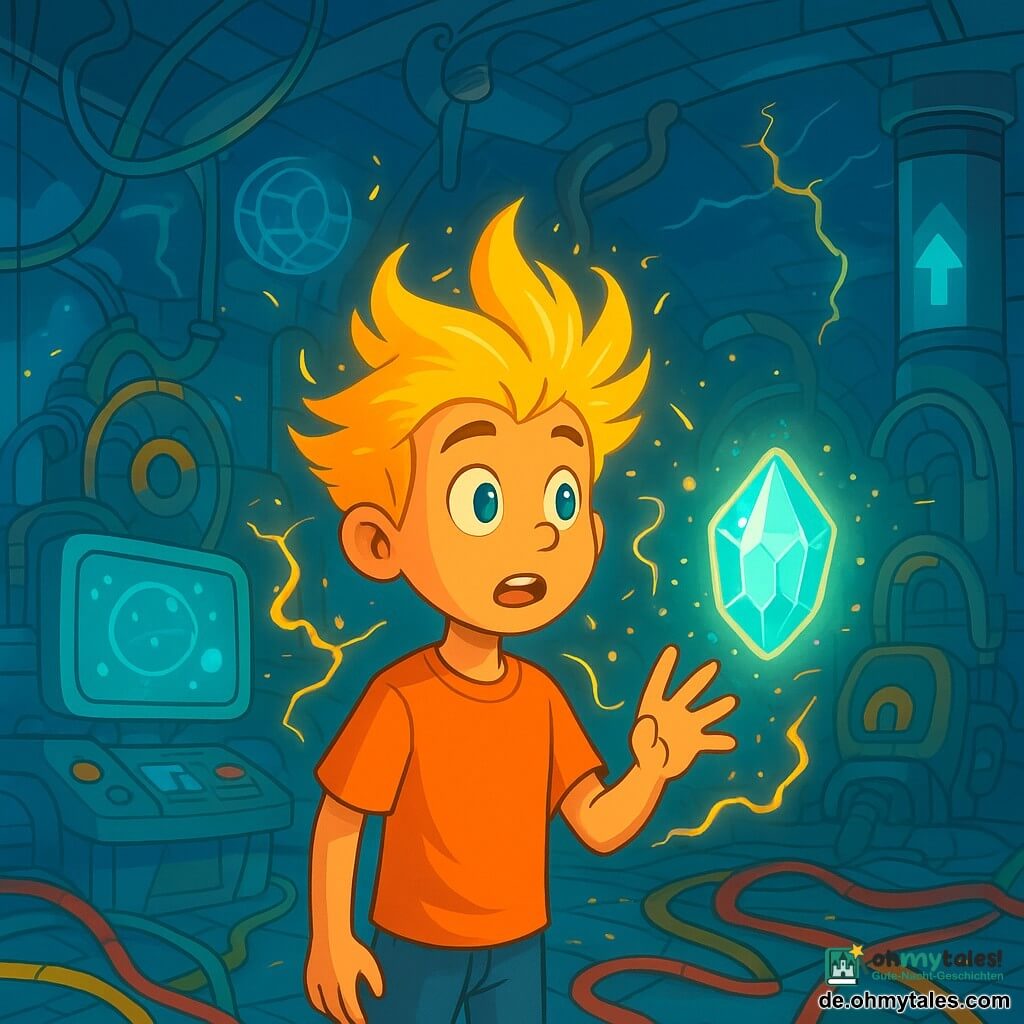 Lumos, ein junger Junge mit leuchtenden Haaren wie Sonnenstrahlen, steht im Zentrum eines futuristischen Kontrollraums, seine Augen strahlen vor Neugier und Staunen. Er beobachtet mit einer Mischung aus Aufregung und Besorgnis die tanzenden Energiestrahlen um ihn herum. Neben ihm schwebt ein alter Kristall mit funkelnden Facetten und einer geheimnisvollen Aura, der sanftes Licht ausstrahlt und ihm weise Ratschläge zuzuflüstern scheint. Im Hintergrund erzeugen organisch geformte Maschinen und sich drehende Zahnräder eine dynamische und magische Atmosphäre. Der Raum ist mit transparenten Wänden gefüllt, die einen stürmischen Himmel mit blitzenden dunklen Wolken zeigen. Bunte Kabel schlängeln sich über den Boden, und Hologramme schweben in der Luft und projizieren Bilder ferner Welten. Lumos bereitet sich darauf vor, seinen Weg zu wählen, zögert zwischen dem Aufstieg zum Wolkenarchiv, dem leuchtenden Portal und dem geheimnisvollen Aufzug, während die Energie der Zeit um ihn herum zu vibrieren beginnt und eine Atmosphäre von Spannung und Abenteuer schafft.