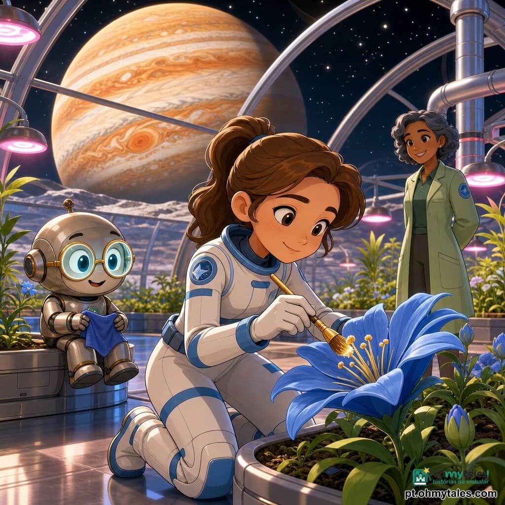 A personagem principal é Luna, mulher de rosto doce e sorridente, cabelos castanhos apanhados em rabo de cavalo, vestindo uma roupa espacial branca e azul, concentrada e serena enquanto poliniza delicadamente uma grande flor azul com um pequeno pincel dourado; o personagem secundário é Tito, um pequeno robô metálico redondo com óculos luminosos, alegre e curioso, apoiado numa jardineira à esquerda de Luna segurando um pano azul; outro personagem secundário é a Dra. Amara, mulher de cerca de 40 anos, pele morena, cabelos curtos acinzentados, de bata verde, sorrindo e observando a estufa ao fundo; o local é uma grande estufa geodésica de vidro em Ganimedes com fileiras de vasos de plantas, lâmpadas horticulturais rosadas e chão metálico refletivo; através do domo vê-se Júpiter enorme no horizonte; a cena mostra Luna ajoelhada diante de flores luminescentes, polinizando enquanto Tito ajuda e a Dra. Amara aplaude discretamente, num ambiente caloroso e esperançoso.