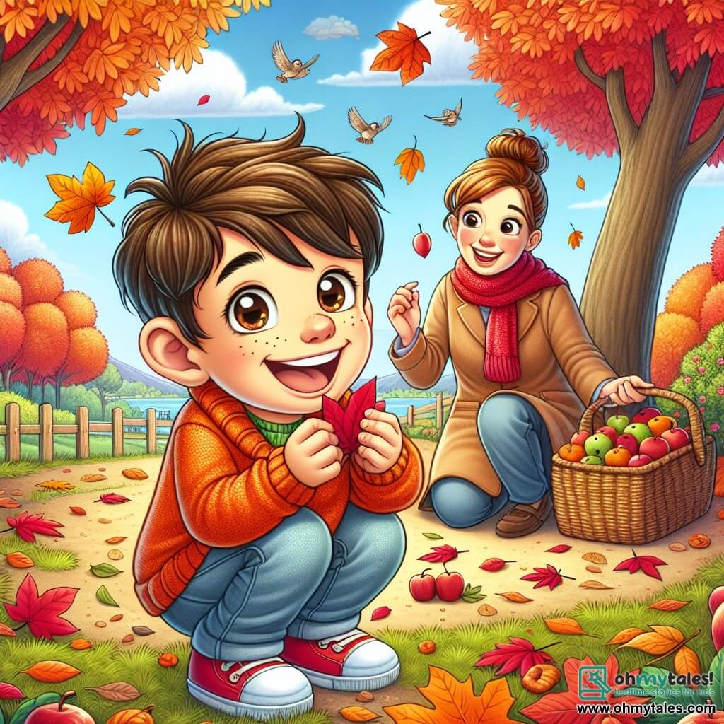 A 6-year-old boy named Max, with messy brown hair and a big smile, is collecting colorful leaves in an autumn park. He wears a bright orange sweater and jeans, his eyes shining with excitement. Next to him, his mom, a woman in her 30s with brown hair in a bun, encourages him while holding a basket of apples. She wears a red scarf and a beige coat, smiling warmly at Max. The park is filled with trees with vibrant leaves, ranging from bright red to brilliant orange, and the ground is covered with crunchy fallen leaves. In the distance, a light blue sky dotted with fluffy white clouds can be seen, while birds fly joyfully. Max, delighted, crouches down to pick up a heart-shaped leaf, amazed by its bright color, while his mom watches him lovingly, ready to help him create a beautiful autumn collage.