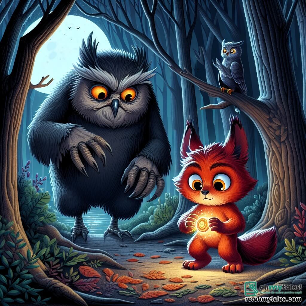 Într-o pădure întunecată și misterioasă, un tânăr vulpix pe nume Radu, cu blana sa roșie aprinsă și ochii mari strălucitori, stă în centrul scenei, cu o expresie hotărâtă dar puțin îngrijorată, ținând un medalion luminos în labele din față. Aproape, o bufniță bătrână și înțeleaptă, cu pene gri și ochi pătrunzători, îl observă pe Radu cu o privire binevoitoare, așezată pe o ramură joasă, pregătită să-i ofere sfaturi. Decorul este o poiană înconjurată de copaci cu trunchiuri noduroase și frunze întunecate, unde lumina lunii filtrează printre ramuri, creând umbre dansante pe solul acoperit de frunze uscate. Radu se pregătește să înfrunte o umbră amenințătoare care iese din întuneric, simbolizând fricile sale, în timp ce medalionul strălucește intens, iluminându-i calea și dezvăluind curajul care zace în el.