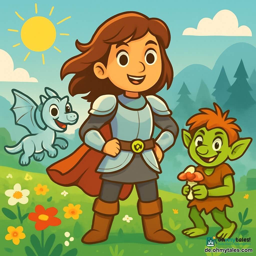 Eine heldenhafte junge Frau, Mira, steht stolz im Mittelpunkt des Bildes. Sie trägt eine leichte Rüstung, die im Sonnenlicht glänzt, mit braunen Haaren, die im Wind wehen. Ihr Gesicht zeigt Entschlossenheit und Neugier, ihre Augen strahlen vor Aufregung. An ihrer Seite schlägt ein kleiner Drache mit silbernen Schuppen, Fen, begeistert mit den Flügeln, seine Augen funkeln vor Freude. Ein schelmischer Goblin, Nussbart, steht etwas im Hintergrund mit einem schelmischen Lächeln und zerzausten Haaren, während er einen kleinen Pilz in den Händen hält. Die Kulisse ist ein weitläufiges Feld mit Wildblumen, wo grüne Hügel am Horizont aufragen. Im Hintergrund zeichnet sich ein geheimnisvoller Wald ab, der in Nebel gehüllt ist und der Szene einen Hauch von Magie verleiht. Mira, zusammen mit Fen und Nussbart, bereitet sich darauf vor, in den nebligen Wald aufzubrechen, um einen verschwundenen Freund zu finden. Die Luft ist von einer Atmosphäre der Erkundung und Kameradschaft erfüllt, während sie sich auf das Unbekannte zubewegen, bereit, gemeinsam Herausforderungen zu meistern.