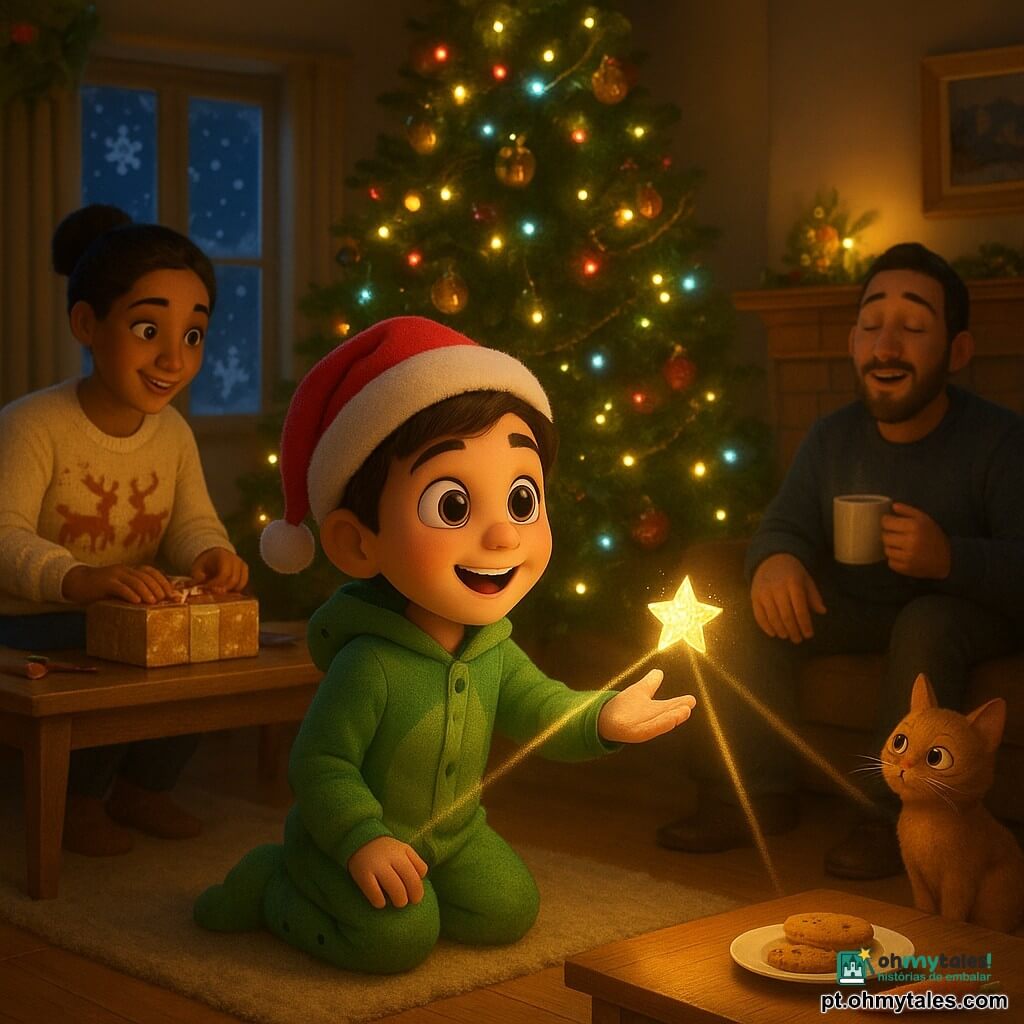 Um menino de 8 anos, olhos grandes e brilhantes, bochechas rosadas e sorriso maravilhado, de pijama de dinossauro verde e pequeno gorro de Natal vermelho, ajoelhado diante de uma grande árvore, estendendo a mão a um bilhete em forma de estrela que brilha suavemente; atrás dele, a alguns passos, a mãe (cerca de 35 anos) de cabelos castanhos em coque, com suéter de rena, está sentada embrulhando presentes; à direita da lareira, o pai (cerca de 37 anos), levemente barbado, semienterrado no sofá com uma caneca, tenta cantarolar uma canção de Natal; um gato ruivo observa a cena num almofadão junto à árvore; sala de estar natalina, aconchegante, chão de madeira brilhante, tapete macio, luzes piscantes multicoloridas na árvore carregada de bolas douradas, guirlandas e pequenas figuras, lareira com chamas pequenas, flocos desenhados na janela e uma mesa de centro com um biscoito, um copo de leite e uma cenoura para as renas; cena principal: o menino encontra o bilhete estrelado luminoso sob a árvore, de onde saem três trilhas delicadas de luz rumo à lareira, à janela nevada e à cozinha, criando uma atmosfera mágica, calma e curiosa; estilo: render 3D suave, texturas quentes, iluminação noturna em tons dourados e azuis, expressões faciais bem legíveis e detalhes infantis acentuados.