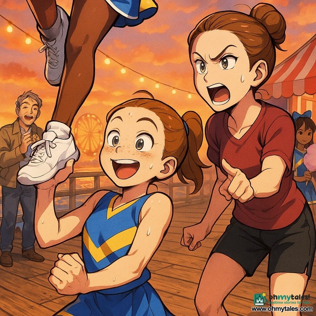 A 10-year-old girl with light brown hair in a tight ponytail, a round freckled face, focused and smiling, muscles tense, firmly holding a teammate aloft in a successful overhead lift on a pier at sunset; a woman coach about 35, fair skin, brown hair in a bun, determined brows, shouting encouragement and pointing for safety; a man about 40, the father, graying hair, light jacket, applauding near the boardwalk barriers with a proud face; a 12-year-old rival girl, tall and slender, black hair with a large blue bow, smiling from a nearby striped tent while holding cotton candy; the pier with worn wooden planks, warm string lights, a blurred Ferris wheel, an orange sky and golden reflections on the water; main scene showing clenched hands, concentrated joyful faces, tiny sweat drops, motion frozen like a dynamic photo and a blurred applauding crowd; visual style: bright manga, clean lines, saturated colors, exaggerated expressions and sparkling eyes, warm sunset light and soft contrasts.