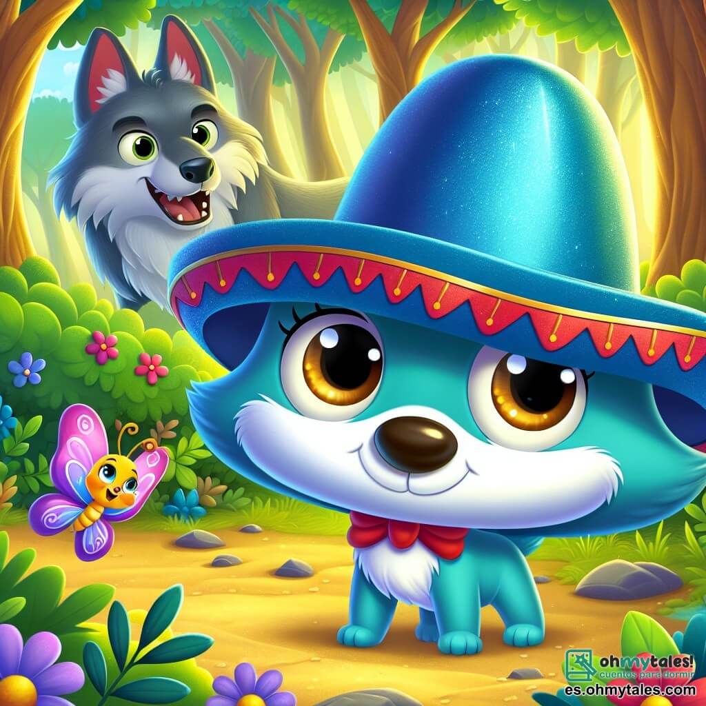 Ilustración que representa un pequeño sombrero azul brillante, con una pequeña banda roja, mostrando una expresión decidida y valiente. Se sostiene orgullosamente en el centro de la imagen, listo para enfrentar el peligro. Al lado, una pequeña mariposa de alas moradas, delicadas y coloridas, revolotea alegremente alrededor del sombrero, con una sonrisa traviesa en su rostro, expresando su entusiasmo y ligereza. Al fondo, un gran lobo de ojos penetrantes y pelaje gris, con una expresión de sorpresa y confusión, observa a los dos amigos desde un arbusto, con las orejas erguidas, listo para saltar pero intrigado por la situación. El lugar principal es un bosque encantado, con árboles majestuosos de troncos gruesos y hojas de un verde brillante, bañado por la luz dorada del sol que filtra a través de las ramas. La situación principal muestra al sombrero y a la mariposa usando su astucia para distraer al lobo, mientras que el lobo, cautivado por el espectáculo, parece dudar entre seguir con sus intenciones maliciosas o dejarse llevar por la alegría de la escena. Otros elementos gráficos incluyen rayos de sol iluminando la escena, pájaros cantando en los árboles y hojas cayendo suavemente a su alrededor, creando una atmósfera dinámica y encantada.